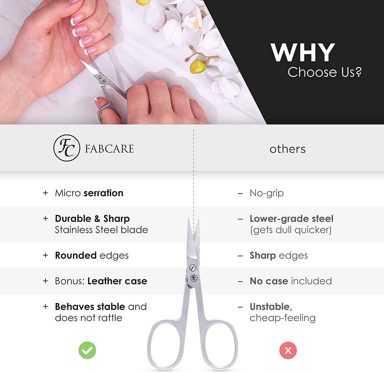 FABCARE curved nail scissors incl. pouch & e-book - innovative  micro-serrations - for fingernails and toenails 