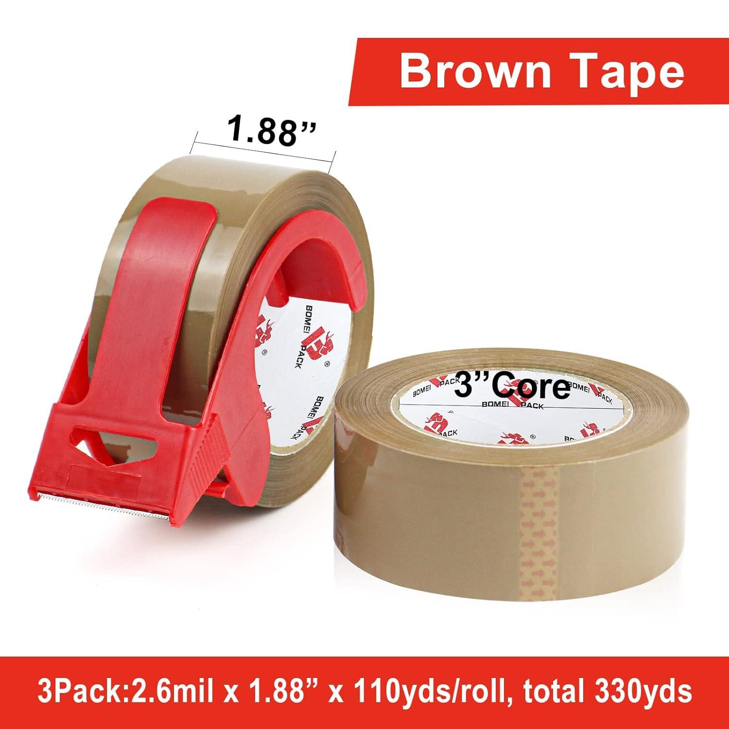 3 Pack Heavy Duty Brown Packing Tape with Dispenser, 2.6 mil, 1.88