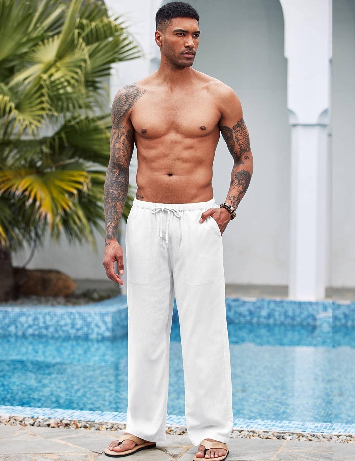 Mens Summer Beach Loose Polyester Linen Pants Yoga Drawstring Elastic  Trousers
