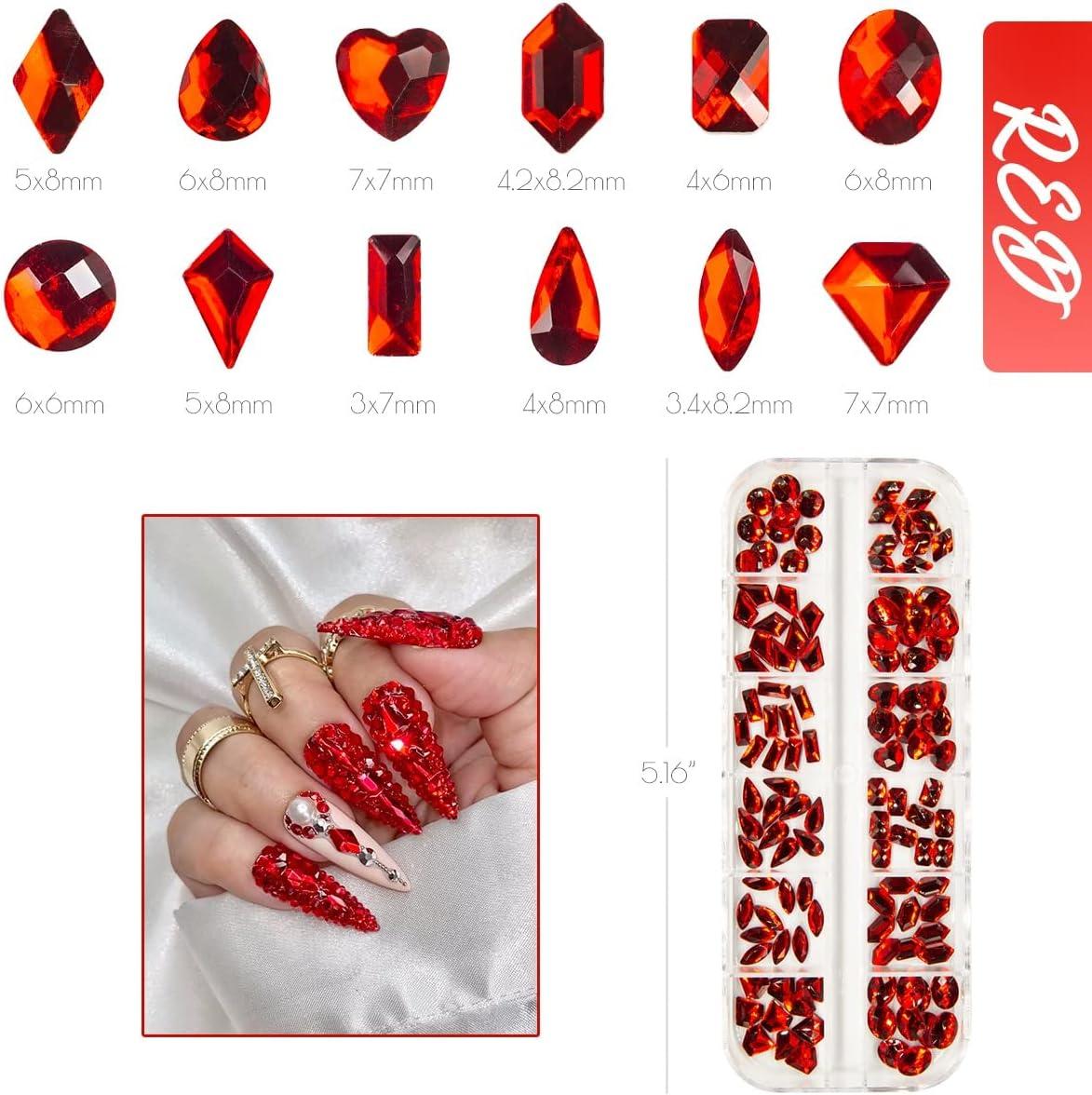 qiipii 24pcs Red Nail Rhinestones Luxury Nail Charms Ruby Red Heart Charms  for Nails 3D Big Nail Gems Crystals Diamonds Jewelry Stones Alloy Nail Art