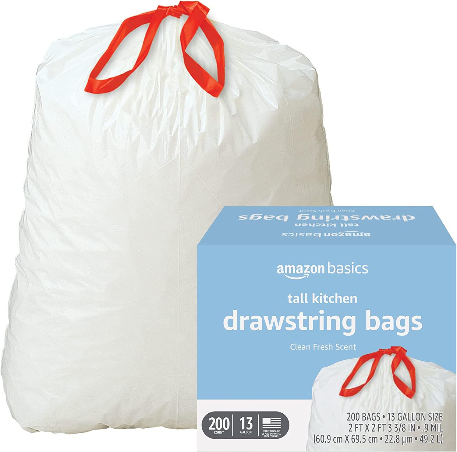   Basics Tall Kitchen Drawstring Trash Bags, 13 Gallon,  Unscented, 200 Count (Previously Solimo) : Home & Kitchen