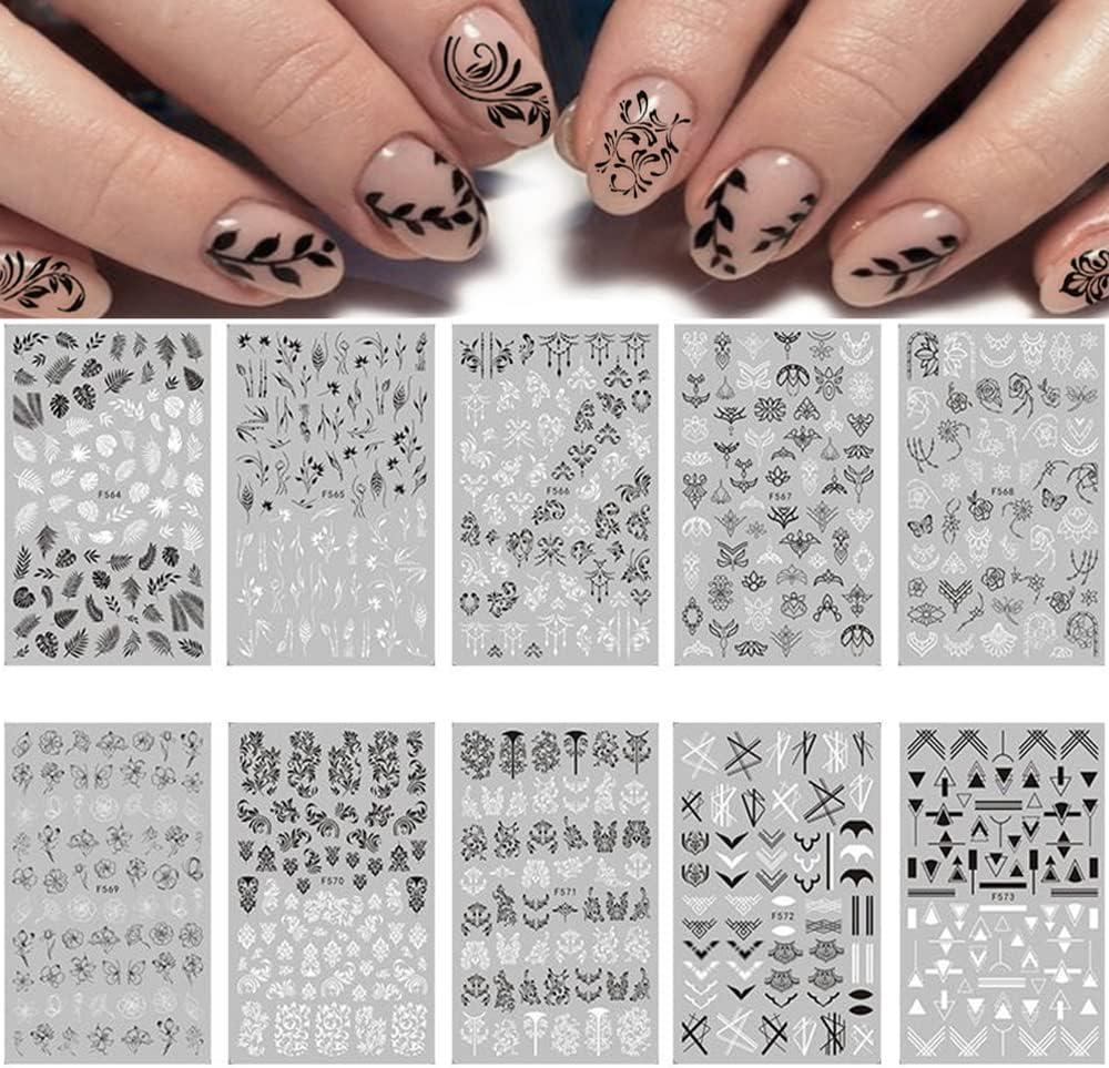 12 Sheets Retro Flower Nail Art Stickers Decal,Nail Supplies 3D  Self-Adhesive Nail Decals Leaves Vintage Flower Vine Letters Black White  Nail Design