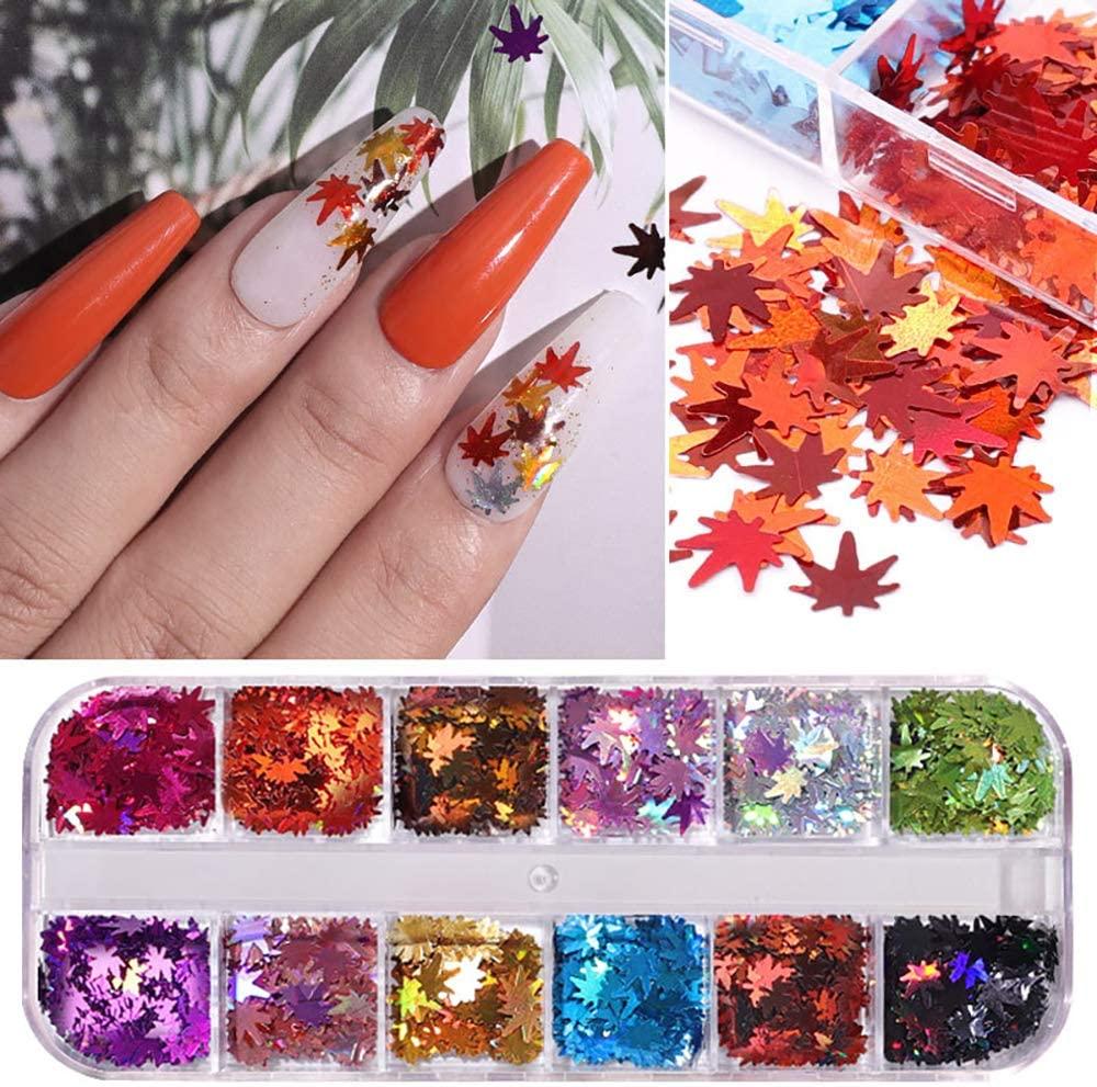 12 Colors Fall Nail Art Stickers Maple Leaf Glitter Nail Sequins Autumn  Glitter Nail Design Flakes Gold Maple Leaves Fall Glitter for Nails