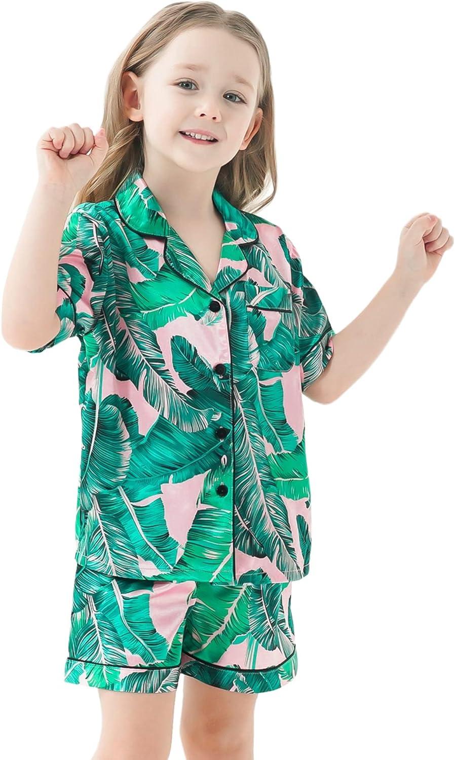 SWOMOG Kids Girls Silk Satin Pajamas Sets Short Sleeve Button Down Sleepwear  with Cute Ruffle Trim Silky PJs Teens Size 4-16(Champagne) - SWOMOG Deals