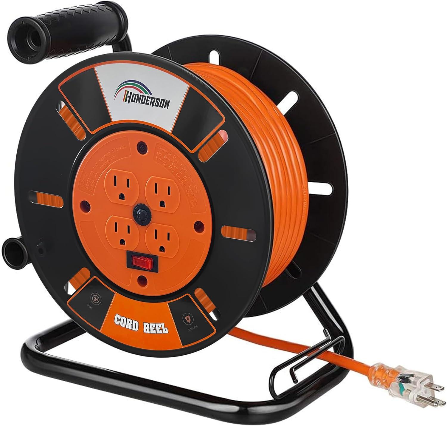 HONDERSO Orange Open Extension Cord Reel - Hand Wind Retractable Extension  Cord Storage Reel with 4-Grounded Outlets for 12 14 16 AWG Extension Cable  13A Circuit Breaker ETL Listed Orange No Cord