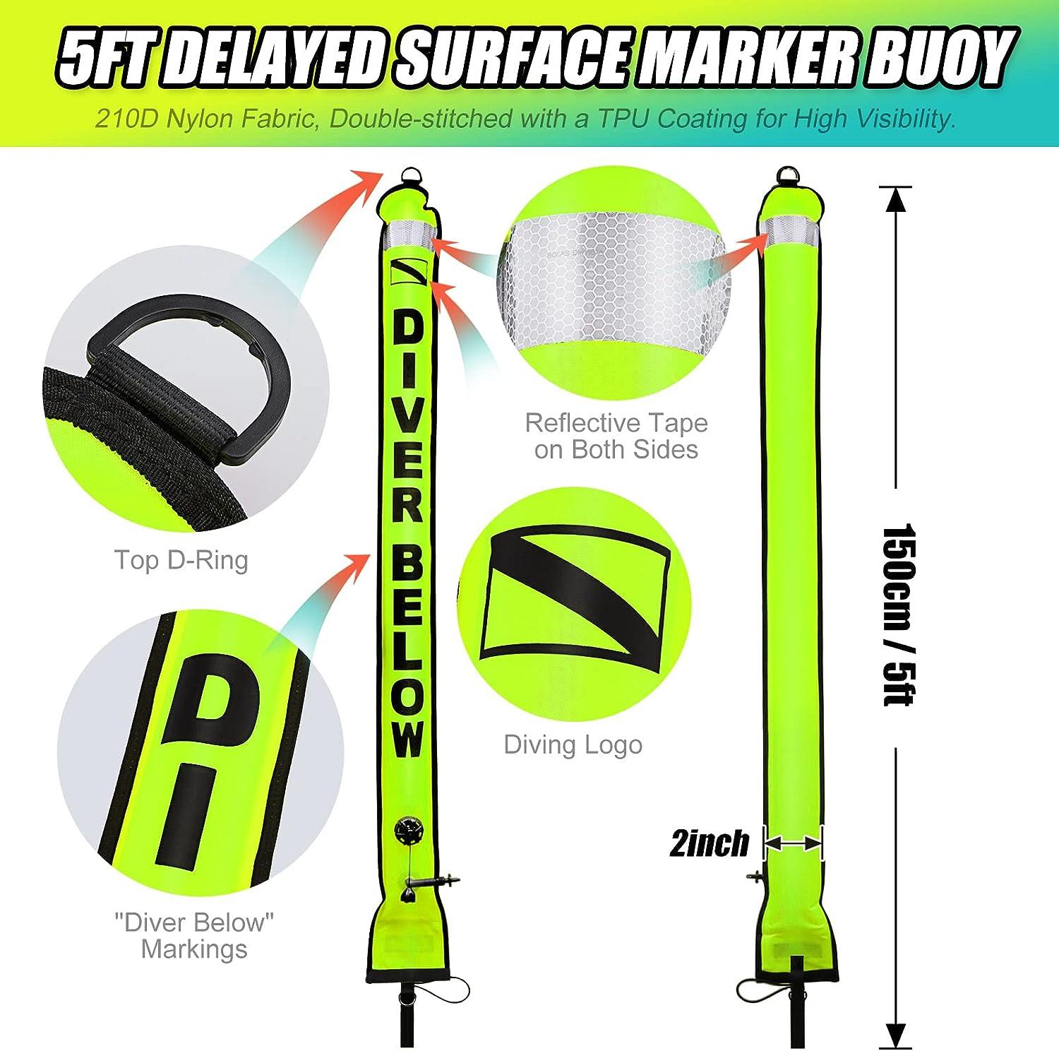 Scuba Surface Marker Buoy (SMB) Set, 5ft Hi-Visibility Reflective Band Open  Bottom Safety Sausage with 100ft Alloy Finger Spool Dive Reel and  Double-Ended Snap Hook Fits Underwater Fluorescent Yellow