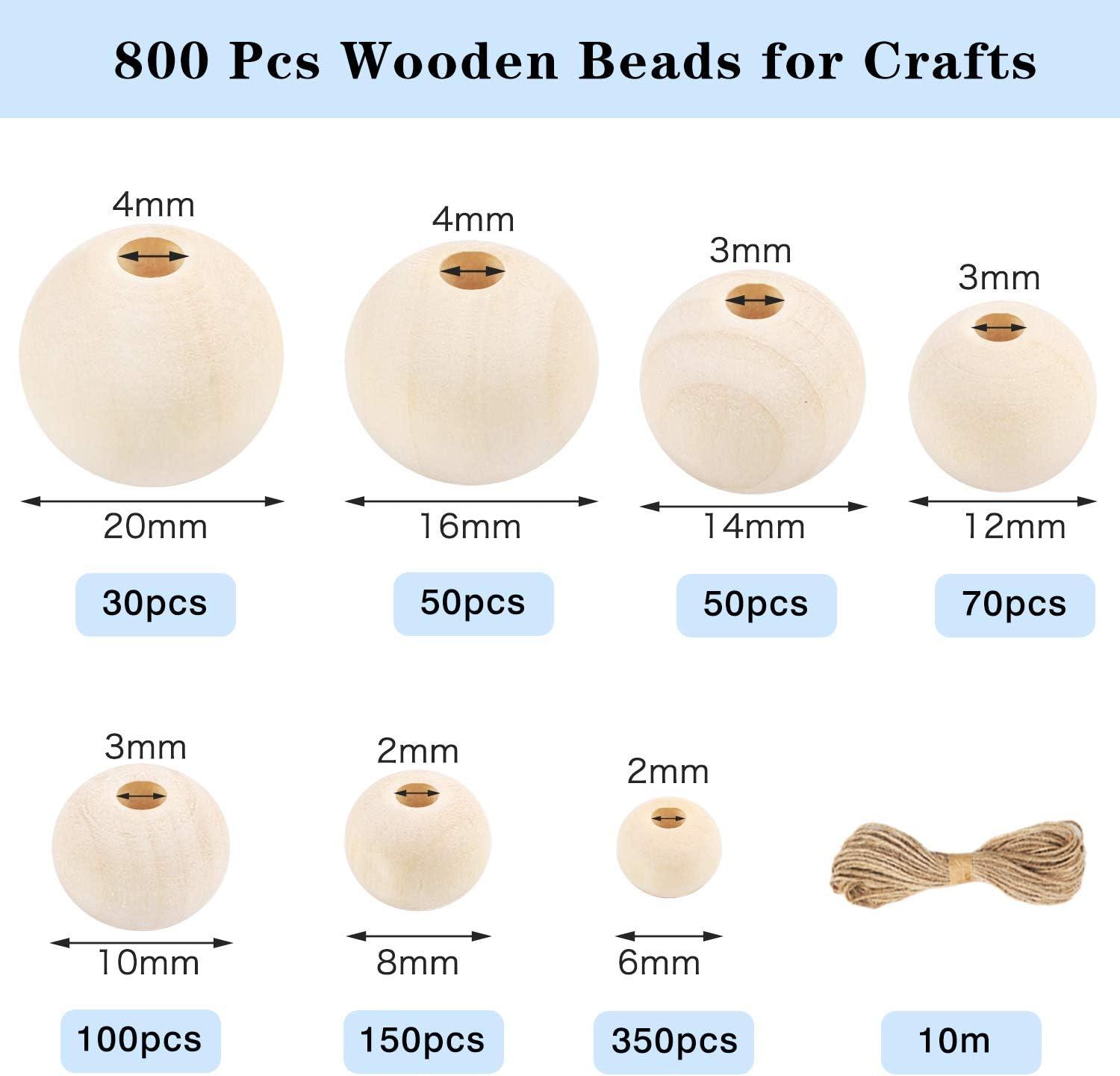 UOONY 800Pcs Wooden Beads for Crafts 7 Sizes Unfinished Natural Wood Beads  Woode