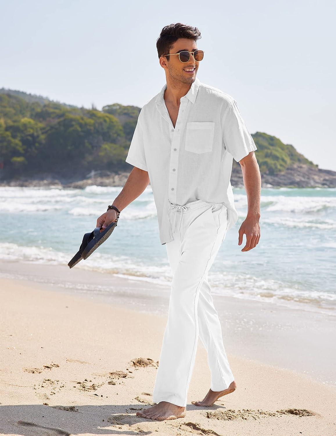 COOFANDY Men's 2 Pieces Cotton Linen Set Button Down Shirt Long Sleeve Casual  Beach Pants Summer Yoga Outfits, A-white, L price in Saudi Arabia,   Saudi Arabia