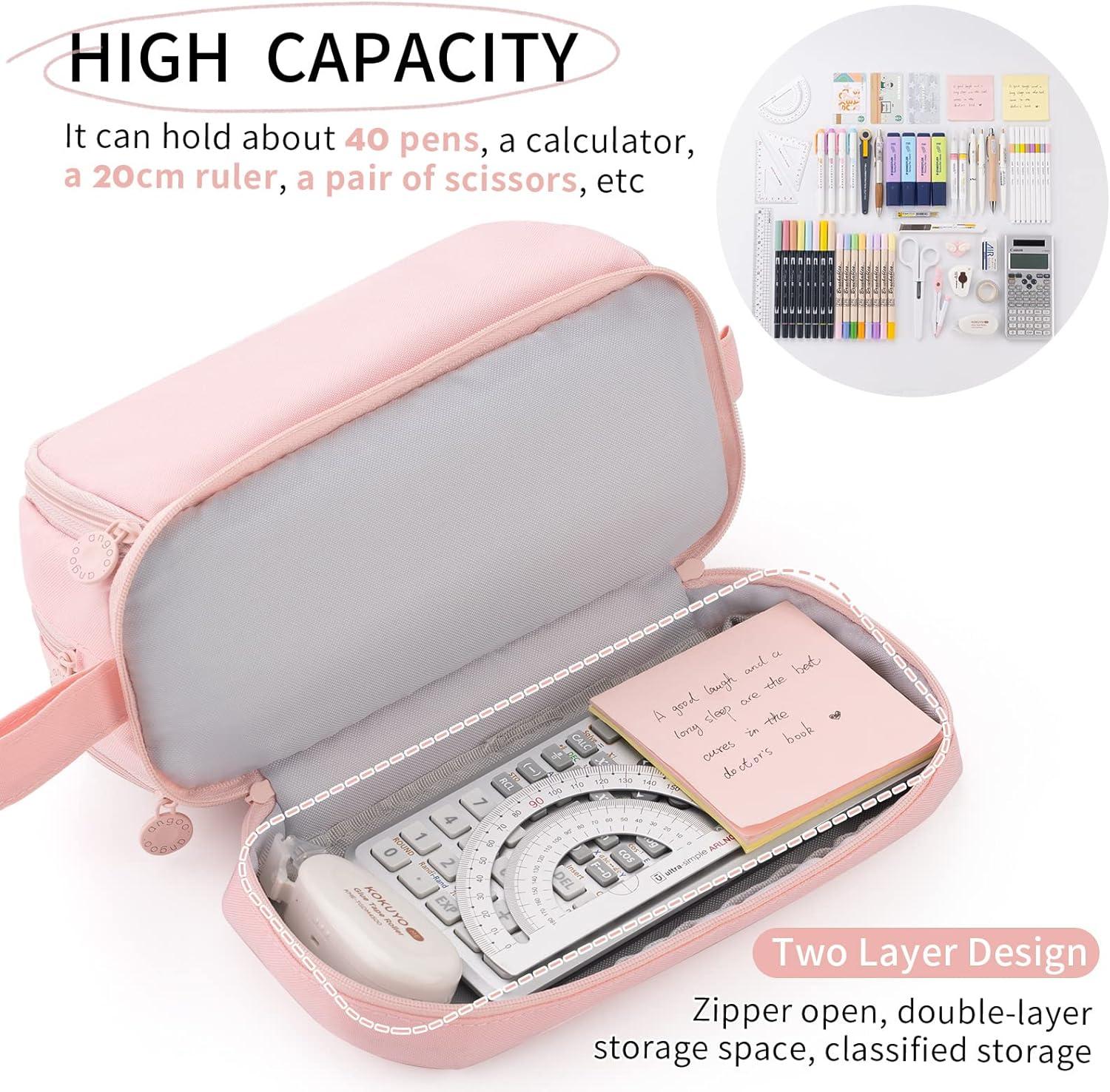 CICIMELON Large Capacity Pen Case Black, 3 Compartments Pink Pencil Case  Pouch Bag