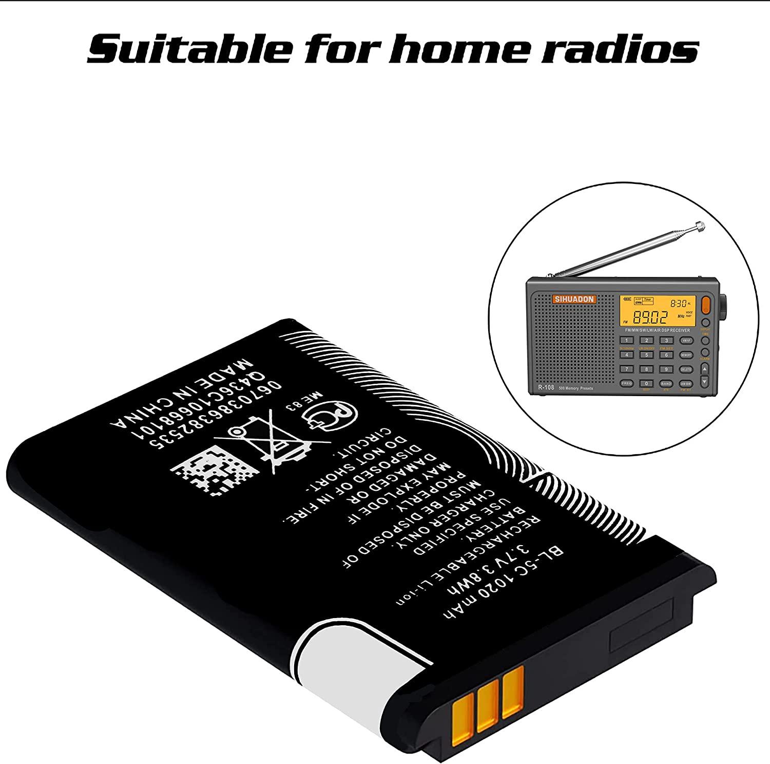 BL-5C 3.7V 1020mAh Rechargeable Battery Suitable for Household Radio with  Current Protection 2 Pieces (Black)