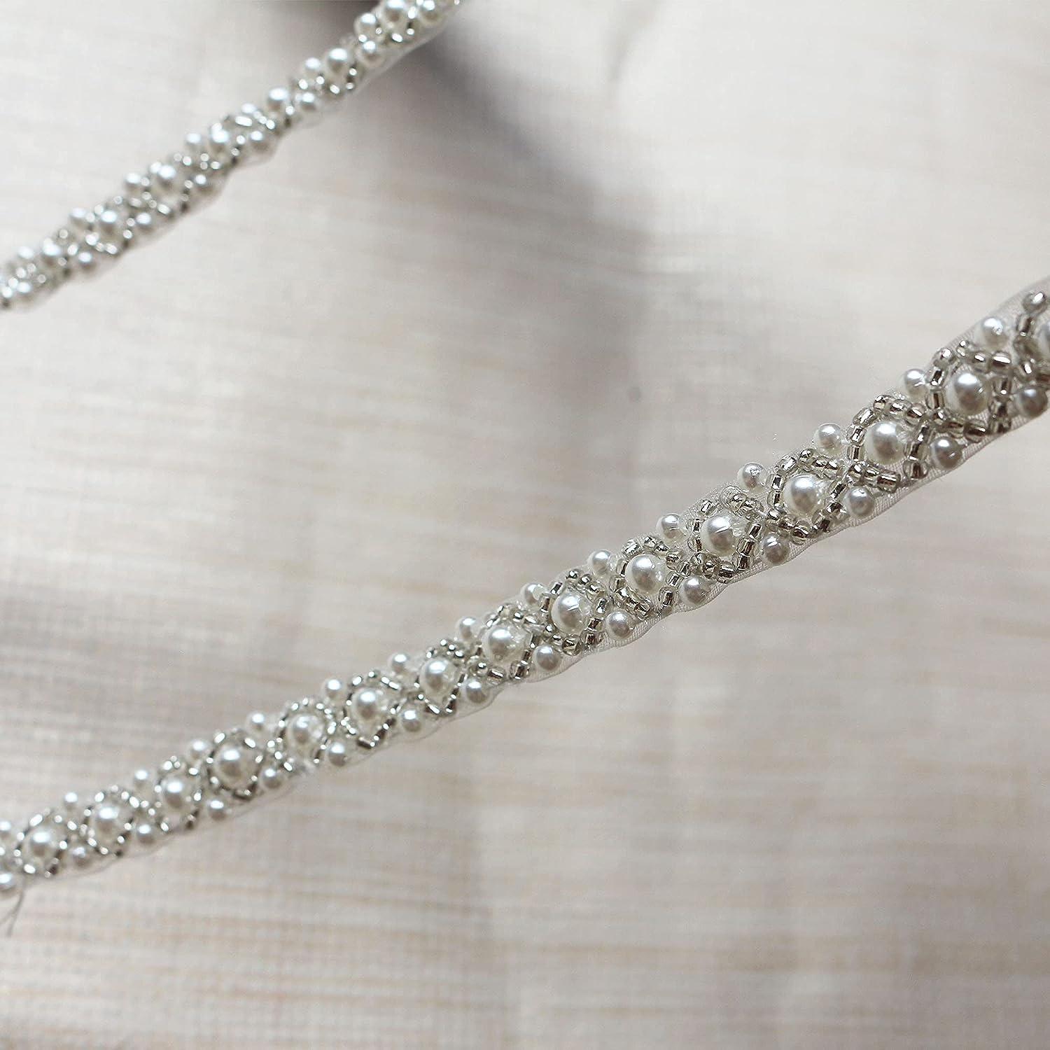 Little PanDaDa 2 Yards Pearl Beaded Trim Bridal Lace Ribbon Trimming Edge for DIY Craft Sewing on Costume Bridal Dress Decor 1cm (ivory)