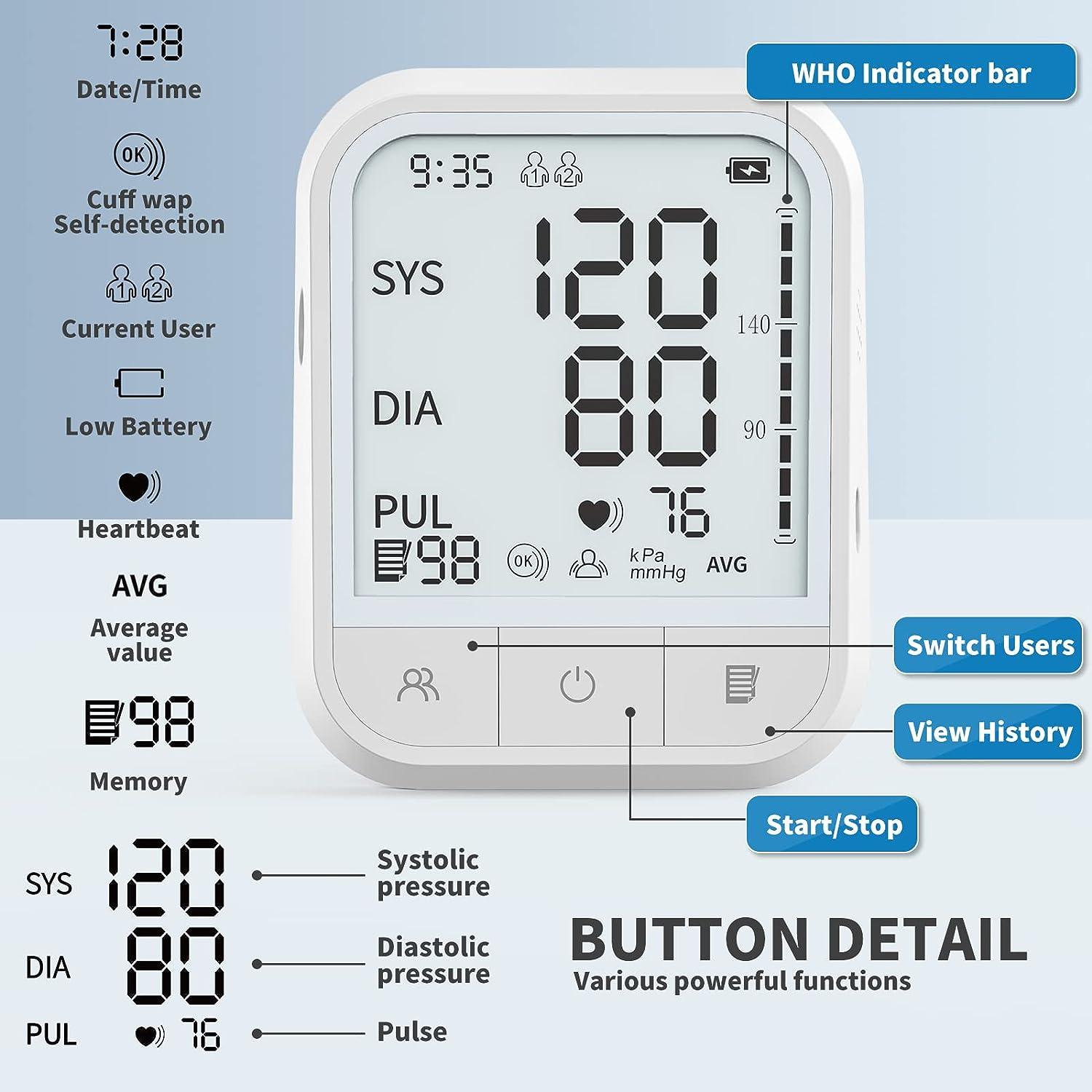 Blood Pressure Monitor Upper Arm - Rechargeable Digital BP Machine,  Automatic Blood Pressure Machine with Adjustable Large Cuff for Home Use, 2  x 99