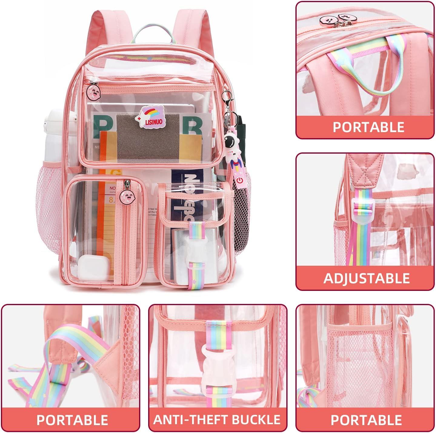 LISINUO Clear Backpack Girl Transparene Backpacks See Through Book Bag for  Women Heavy Duty Pvc Mesh Bag Cute Girls Bookbags (Pink)