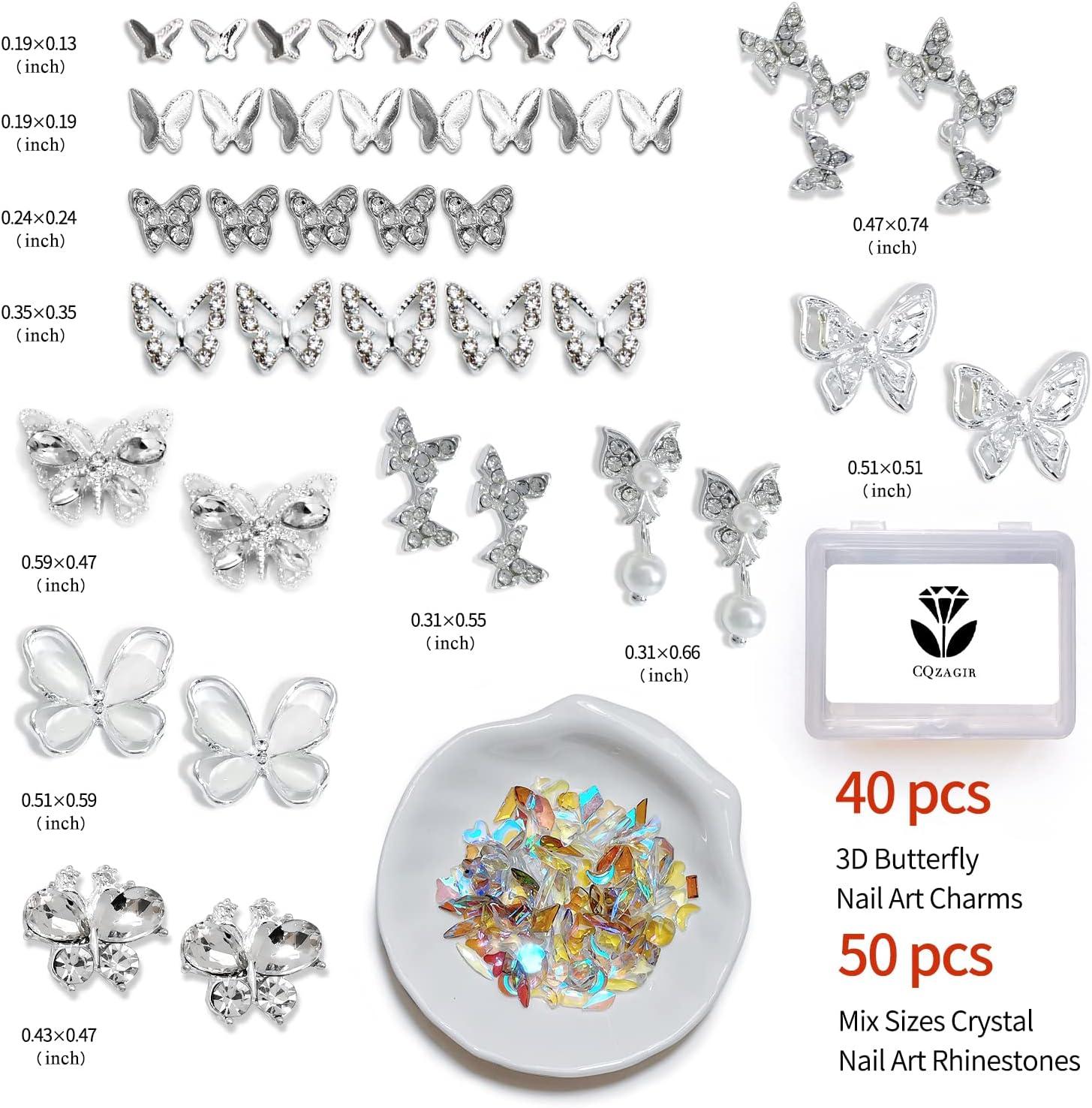 90 PCS 3D Butterfly Nail Rhinestones Charms Sliver Metal Acrylic
