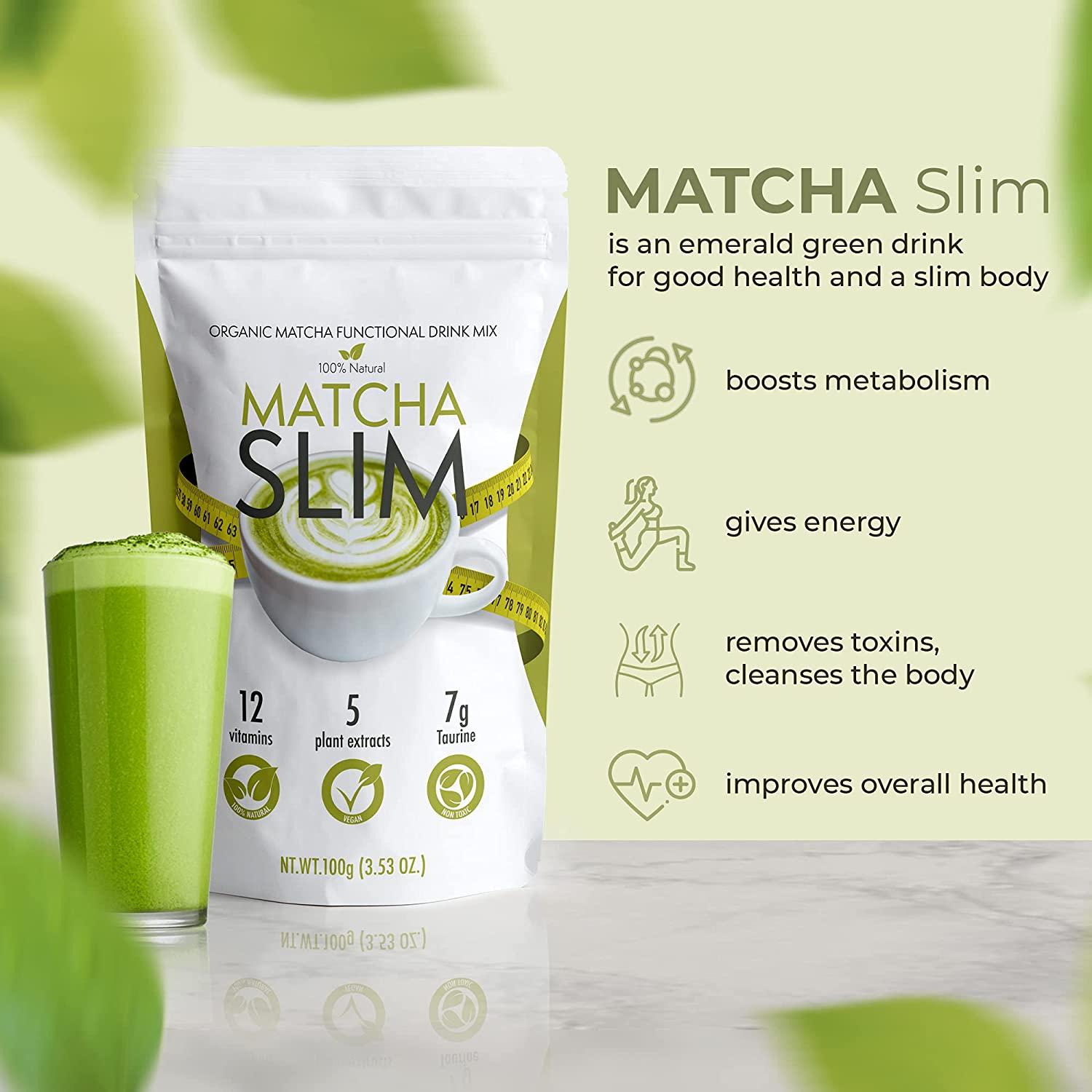 Matcha Slim - Energy Drink Mix Powder Supplement with Taurine & Spirulina  3.53oz – Natural, Sugar Free, Vitamin Rich Green Tea Diet for Women, Men  3.53 Ounce (Pack of 1)