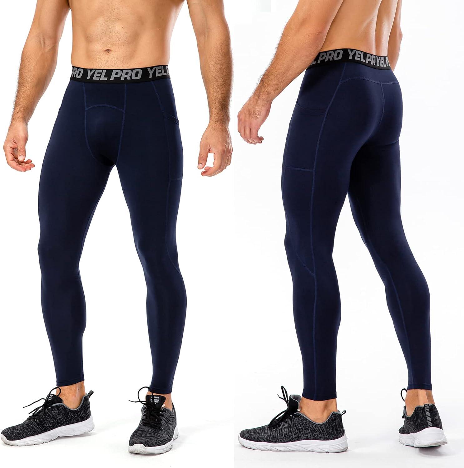 ABTIOYLLZ Men s Thermal Athletic Leggings Warm Compression Pants Pockets  Winter Baselayer Running Tights Underwear Bottoms 1 Pack #Navy #26 Small