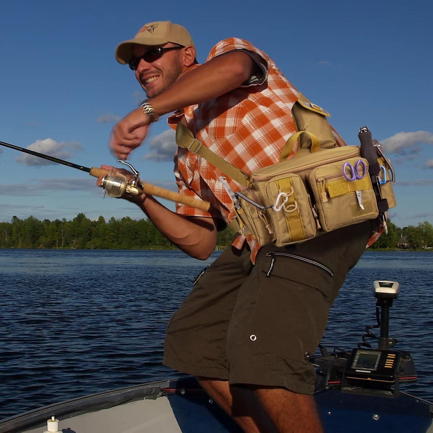 THKFISH Fishing Tackle Bag Fishing Sling Pack Portable Fly Fishing Bag  Tackle Box Bag with Rod Holder Khaki-New upgrade