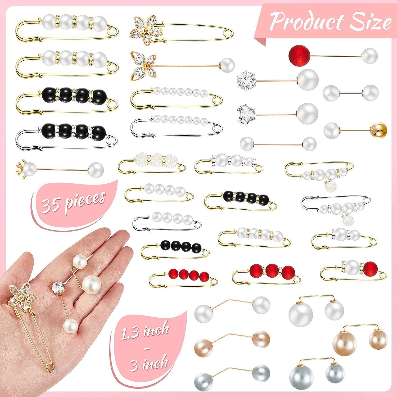 35 Pcs Pearl Brooch, Sweater Shawl Hat Clip Neckline Pins Double