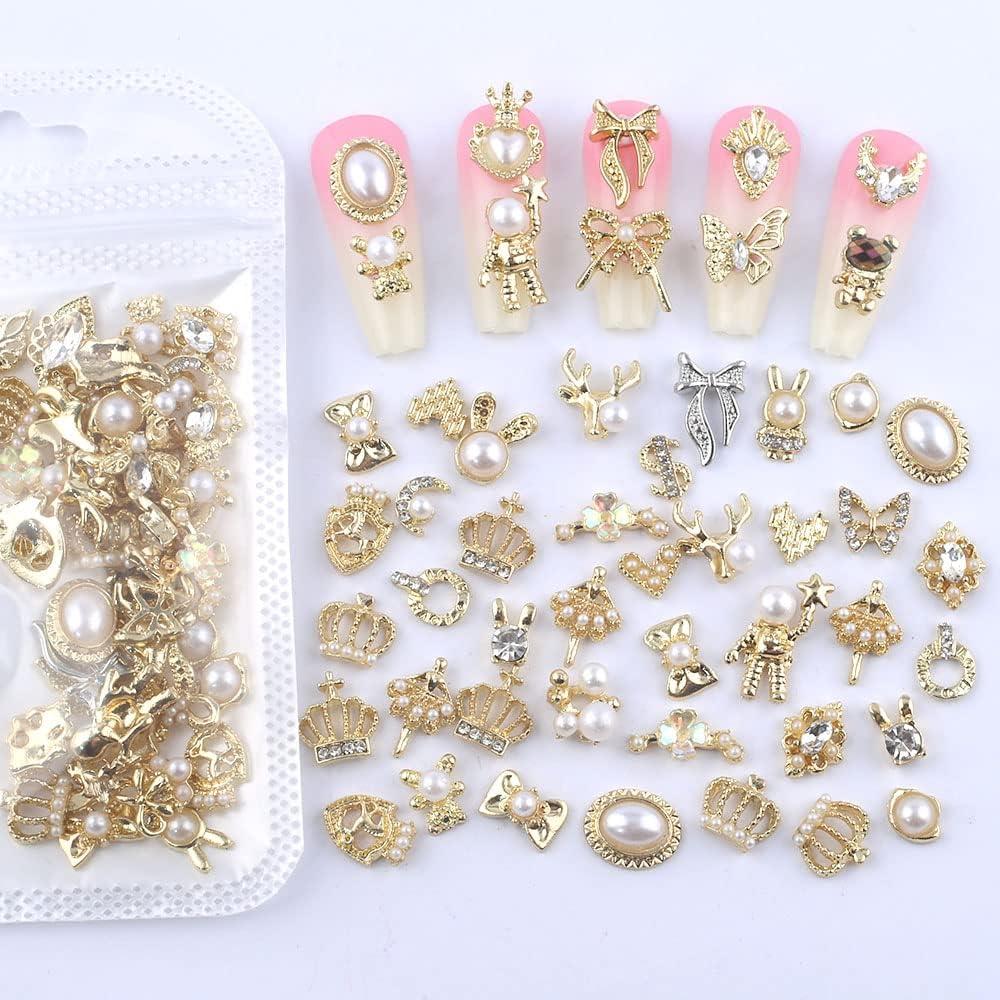 Dornail 50pcs Gold Nail Charms for Acrylic Nails, Mix Styles Shiny Pearl Alloy Nail Rhinestones Flower Butterfly Heart Star Charms for Nails Women