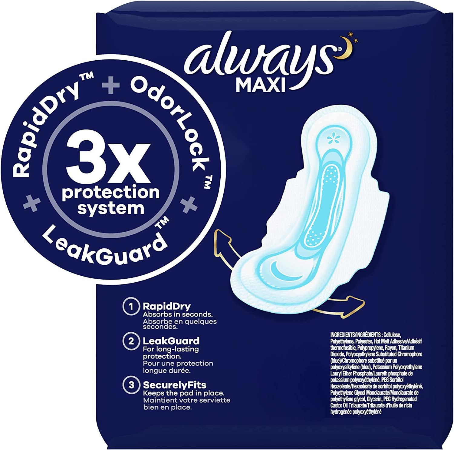 Always Maxi Feminine Pads For Women, Size 5 Extra Heavy Overnight  Absorbency, Multipack, With Wings, Unscented, 36 Count X 3 Packs (108 Count  Total) Extra Heavy Overnight (Unscented) 36 Count (Pack of 3)