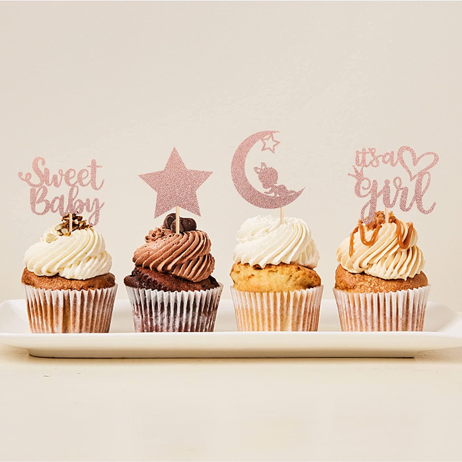 36 PCS Baby Shower Girl Cupcake Toppers with Moon Glitter Star