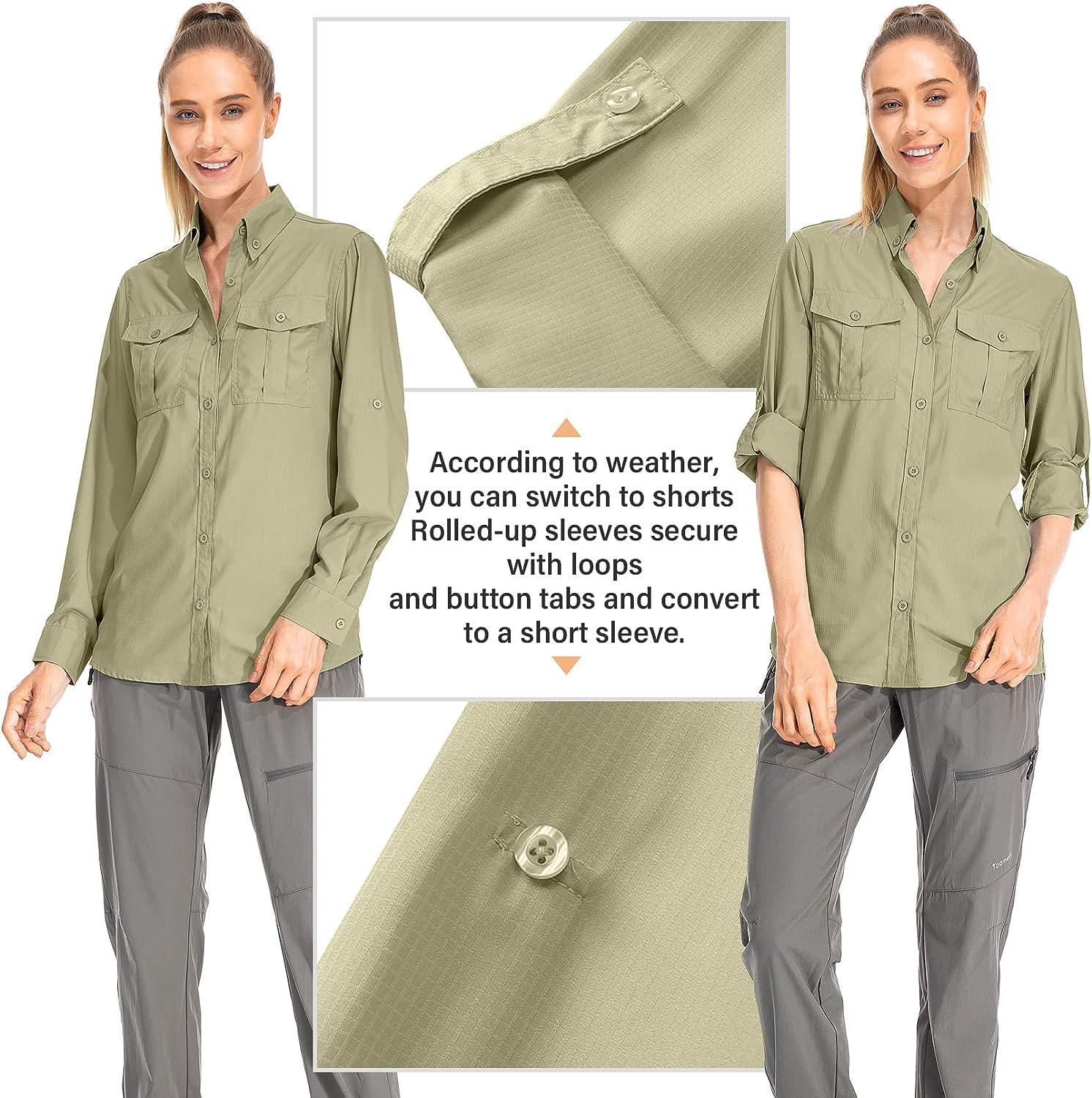 Toomett Women's UPF 50 Long Sleeve Safari Shirts,Sun Protection Quick Dry Convertible Fishing Travel Shirt