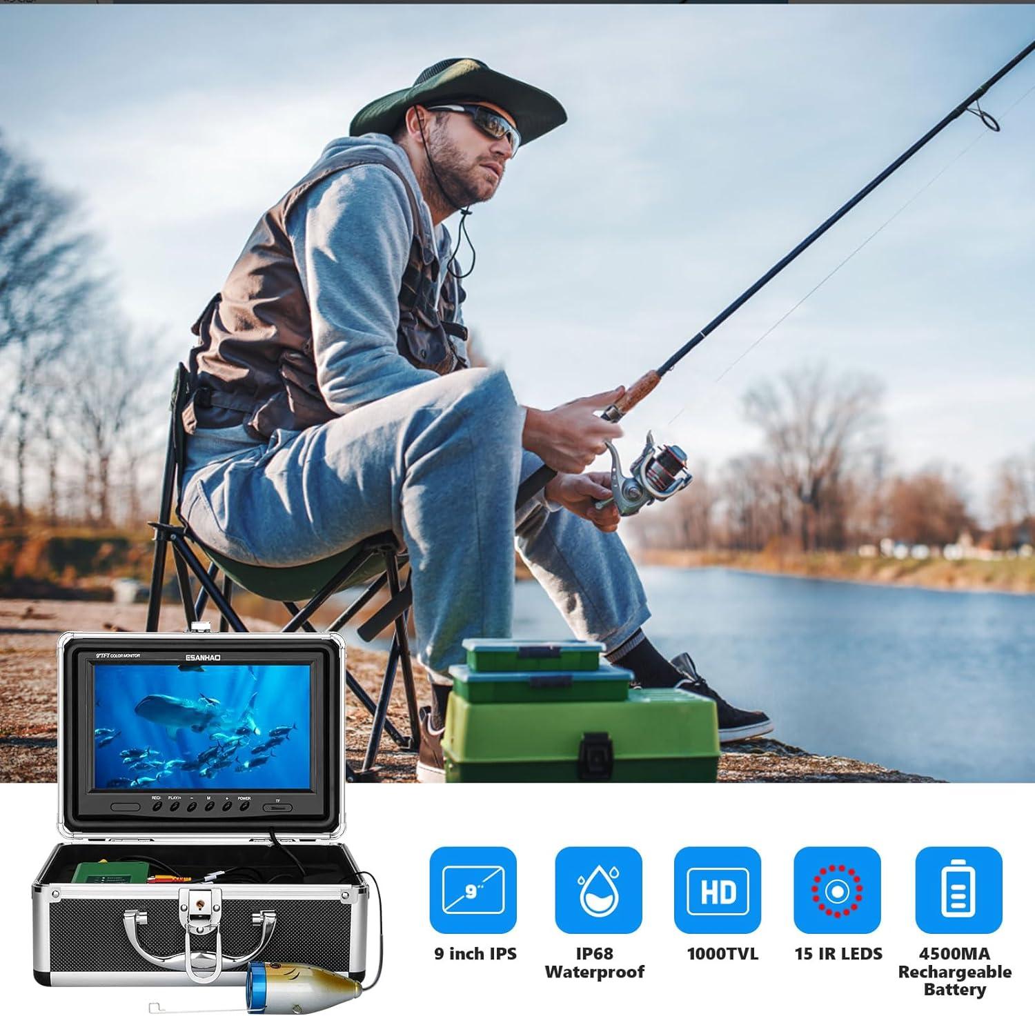 ESANHAO Underwater Viewer Fishing Camera 9 inch LCD Monitor DVR Recorder  Video Fish Finder Camera Waterproof 1000TVL 98ft 15Pcs White LEDs and 15Pcs  Infrared Lamp for Ice/Sea/River Fishing