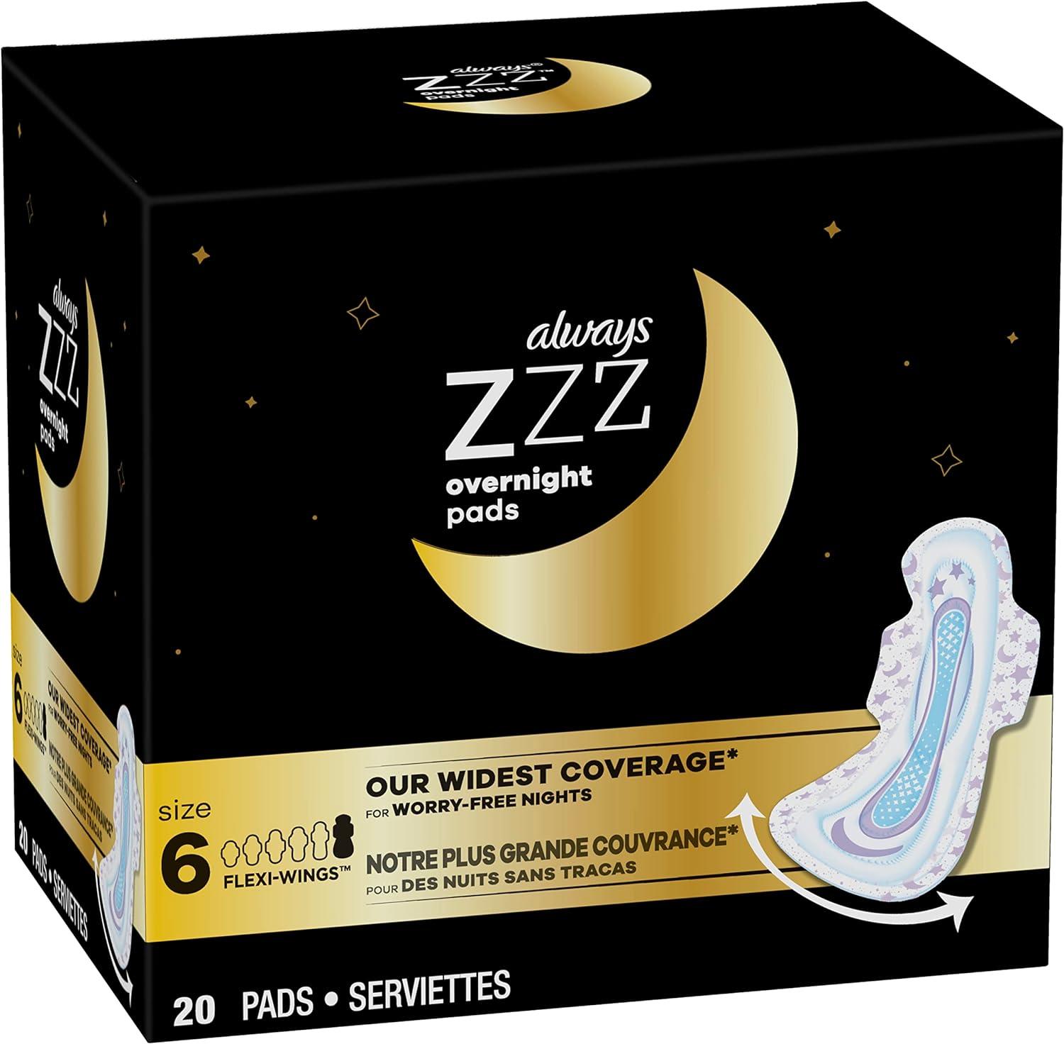 Always Zzz Overnight Pads With Wings Size 6 Unscented 20 Count