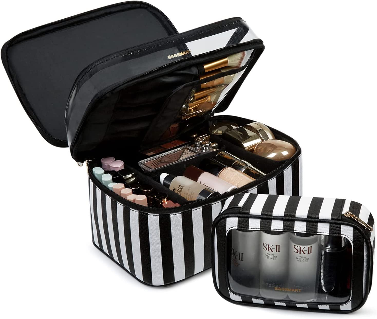 Double Layer Cosmetic Case Organizer Travel Makeup Bag Portable Waterproof Cosmetic  Bag with Brushes and Storage Pouch Large Capacity Toiletry Bag for Women  and Girls (black) : .in: Beauty