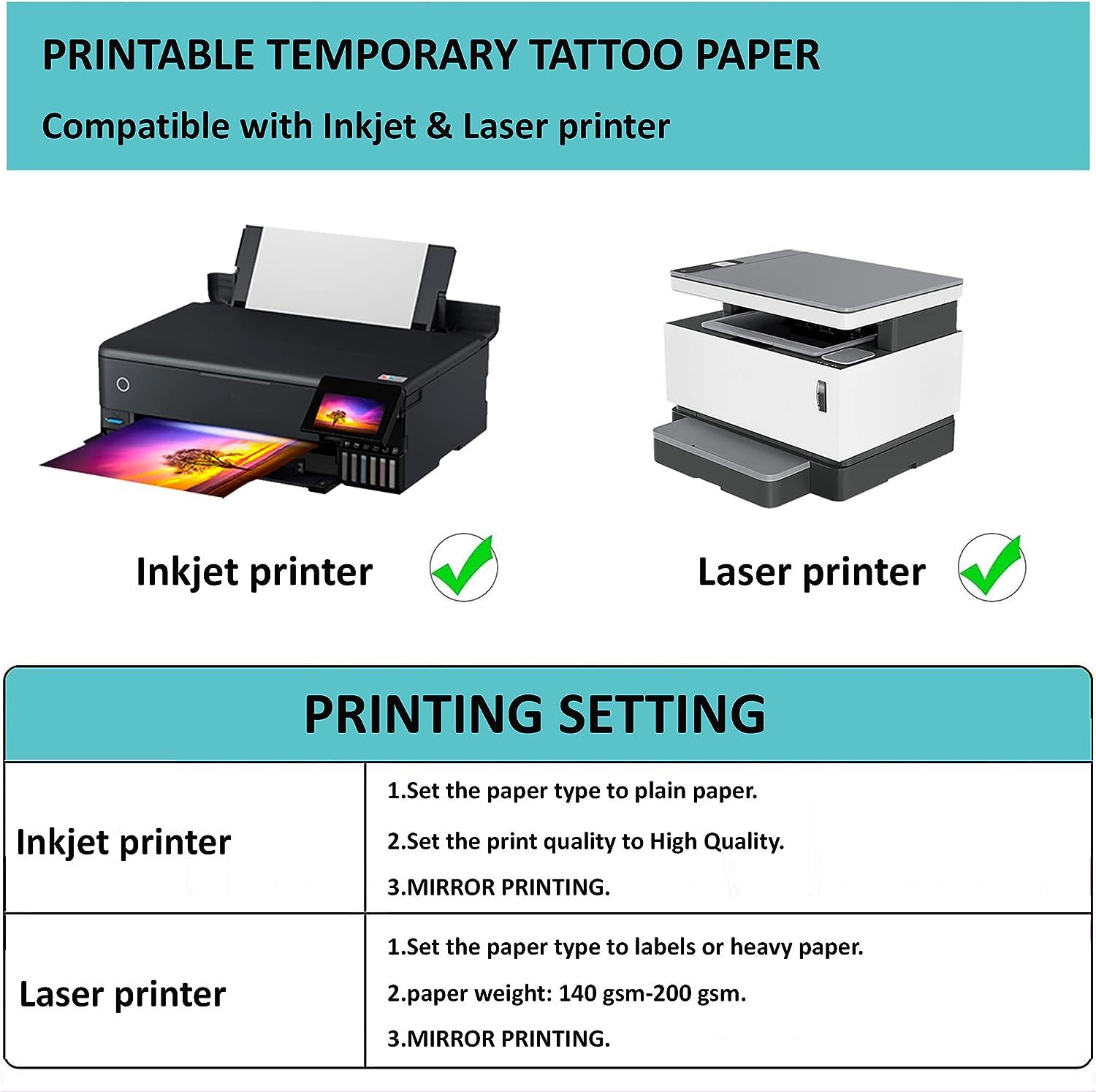 Printable Temporary Tattoo Paper 5 Sheets 8.5x11 inch Transfer Tattoo Decal  Paper for Inkjet & Laser Printer,DIY Your Image Transfer Sheet for Skin