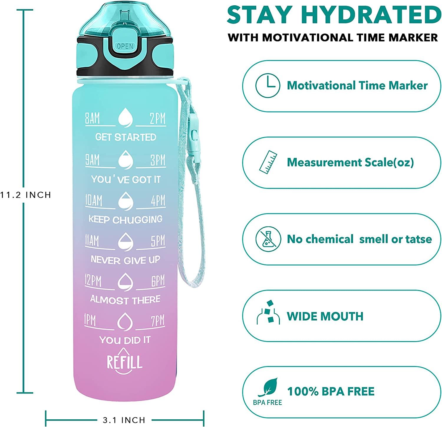 Water Bottle Motivational Time Marker to Drink and Straw Leakproof