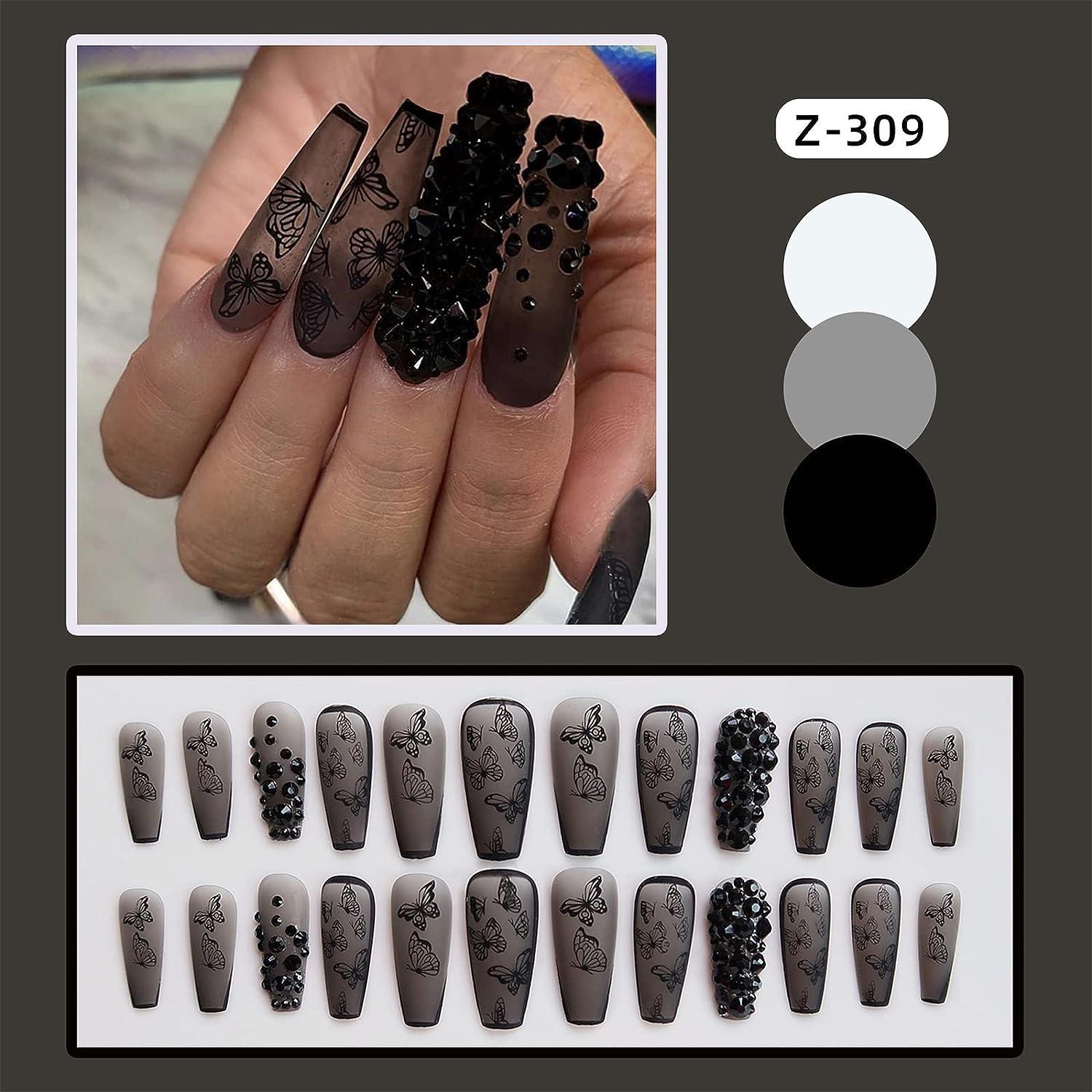 VOTACOS Press on Nails Long Coffin Fake Nails Black False Nails with 3D  Rhinestone Butterfly Design Matte Full Cover Stick on Nails for Women