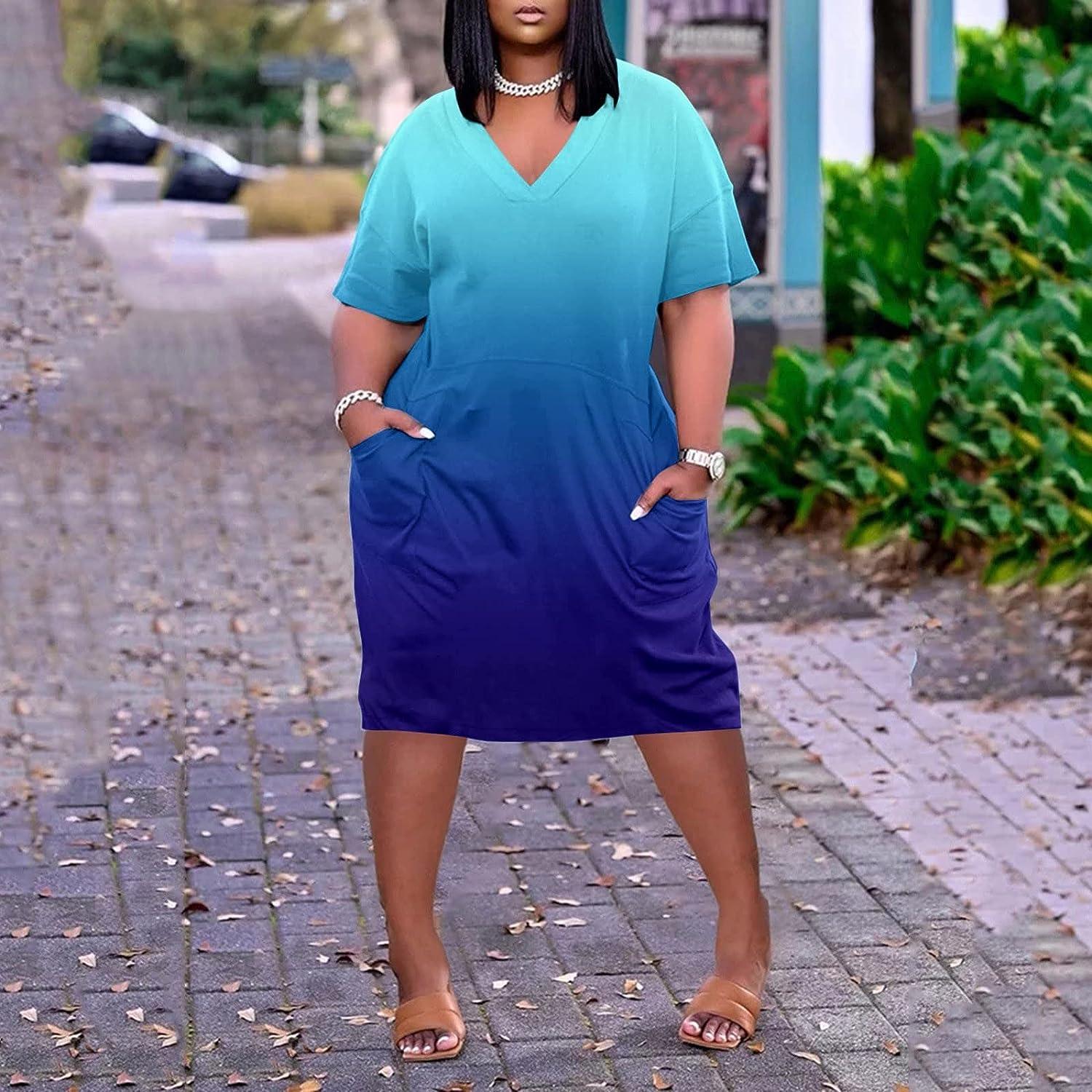 Wycnly Formal Dresses for Women Casual Pocket Plus Size Swing Knee-Length  Tunic Tshirt Dress V-Neck Short Sleeve Tie-Dye Print Summer Midi Dresses
