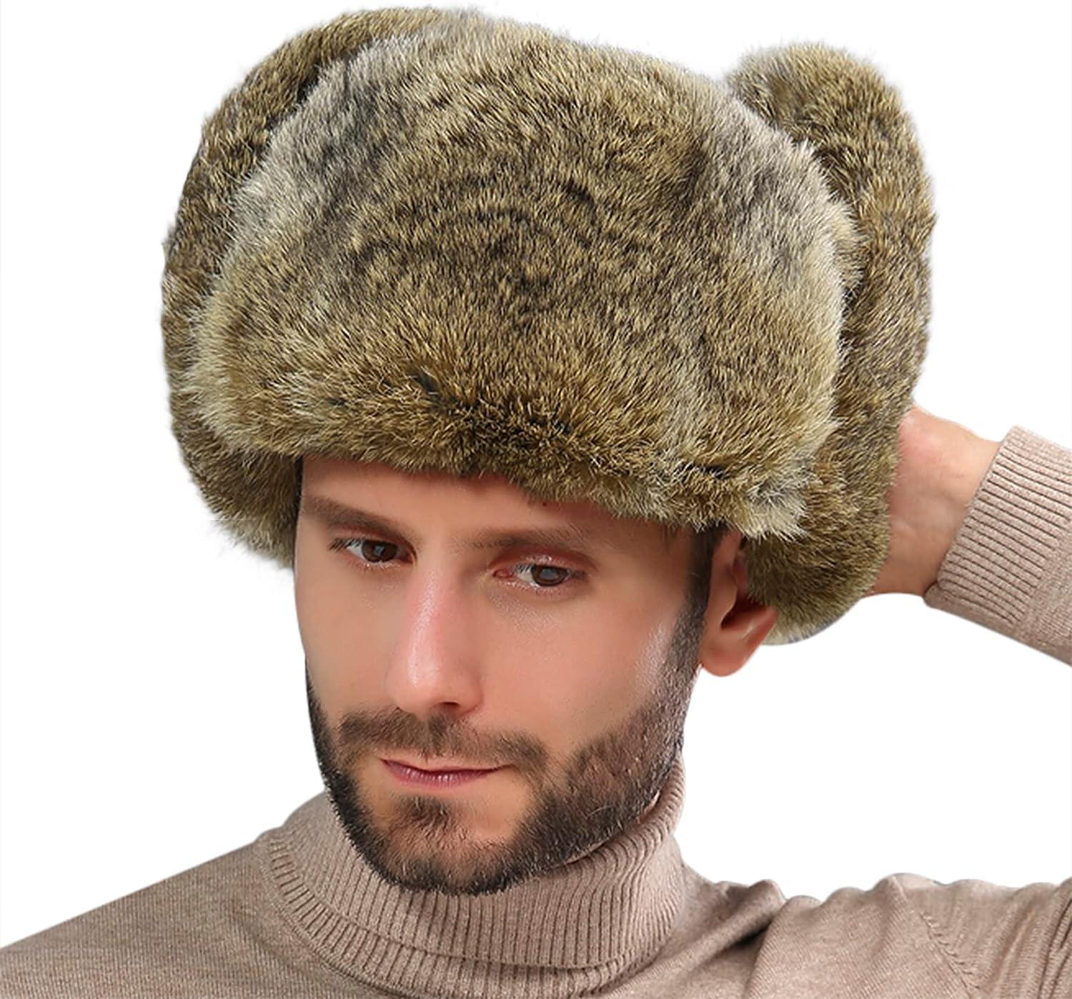 Clobeau Men's Faux Fur Trapper Hat Trooper Trapper Hat Warm Winter