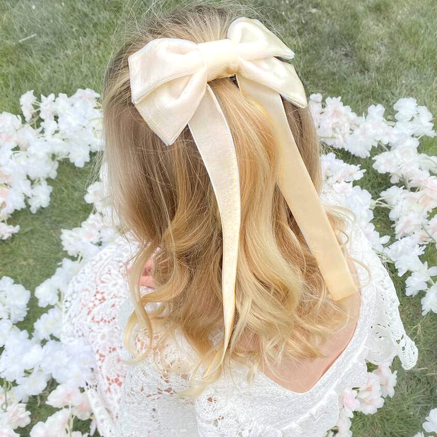 2PCS White Velvet Bow Hair Scrunchies Hair Ribbon Tie Elastics Hair  Scrunchies Long Ponytail Holder Hair Bow Bands Rope Accessories for Women  Girls
