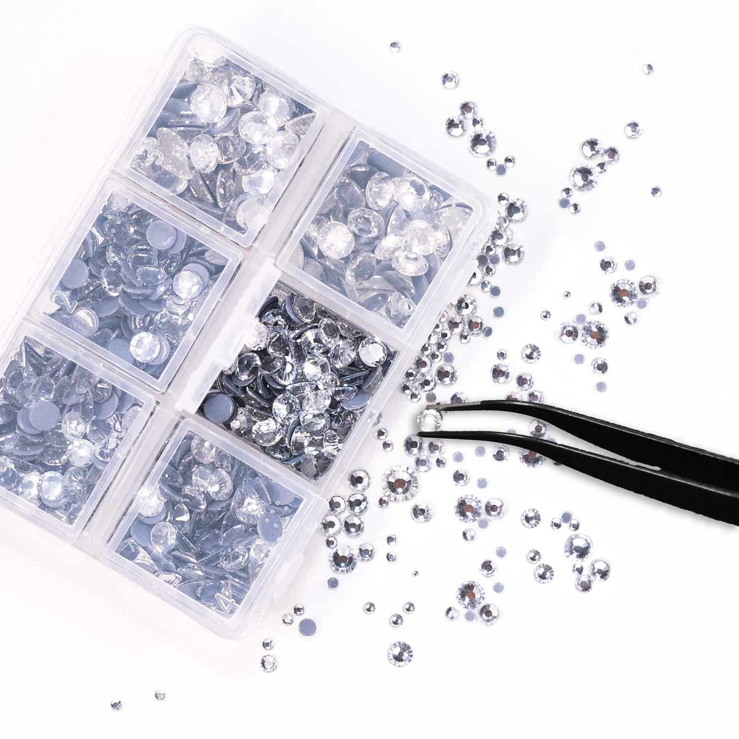OUTUXED 5040pcs Clear Rhinestones for Crafts, Flatback White Nail Gems,  Craft Glass Diamonds Stones with Tweezers and Picking Pen, SS6-SS20 Crystal