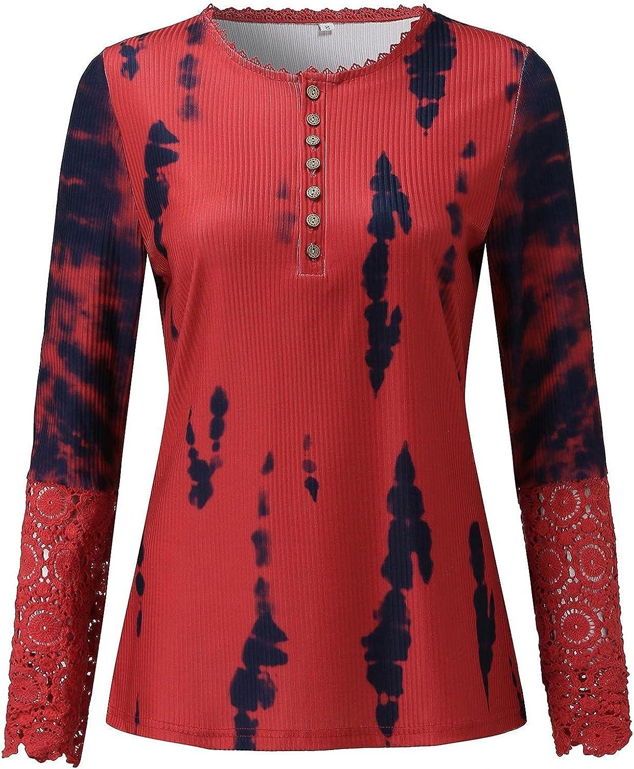 Long Sleeve Shirts for Women, Womens Long Sleeve Tops Stretch Henley Lace  Tunic Blouse Slim Fit Button Up Ribbed T-Shirts Top Large Red