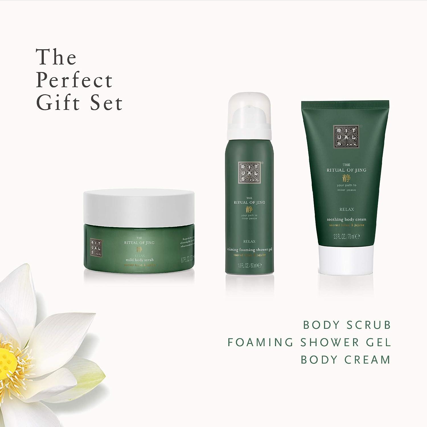 RITUALS Jing Calming Set - Foaming Shower Gel Body Scrub & Body Cream with  Sacred Lotus Jujube & Chinese Mint - Trial Size