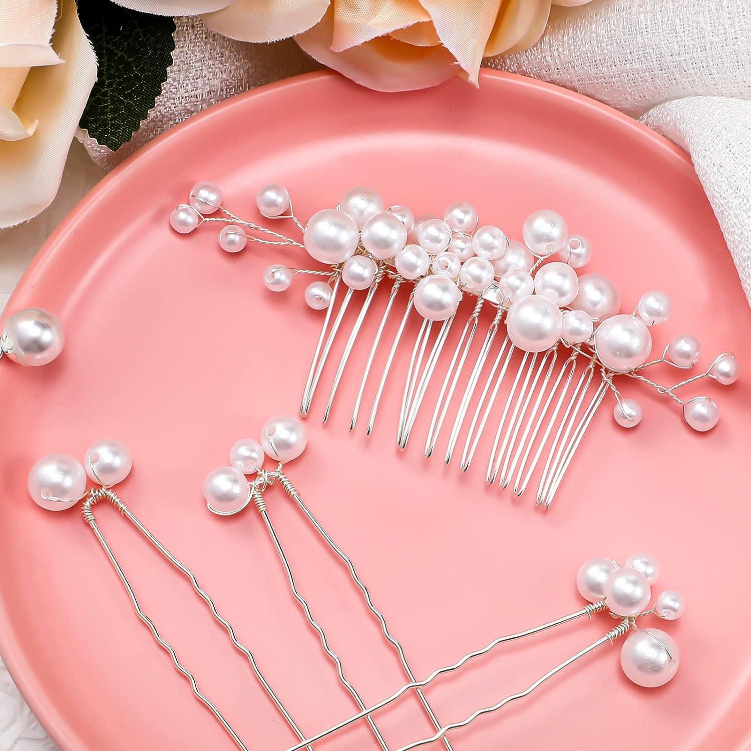 ASG 9 Pack Wedding Hairstyle Design Tools Pearl Hair Stick Pearl Hair Pins  U Shape Hair Clip Hair Accessories For Girls, White