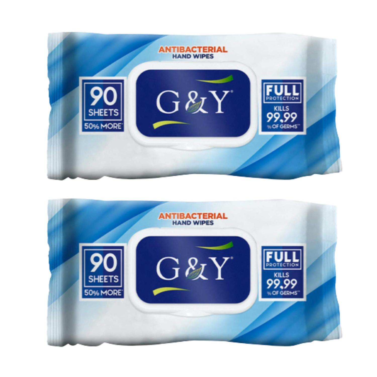 G&Y Antibacterial Hand Wipes 2 Pack (90 Count of wipes per pack)