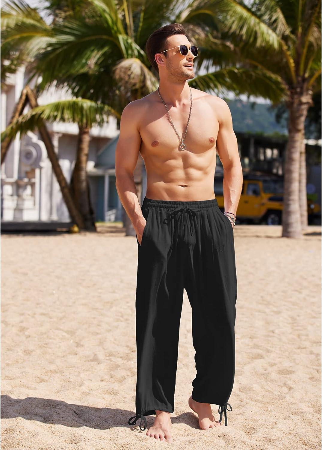 COOFANDY Men's Cotton Linen Pants Causal Drawstring Elastic Waist Harem Pants  Lightweight Bloomer Trousers Loose Yoga Pants Black Large