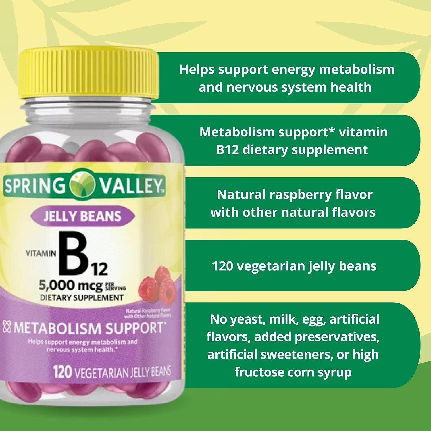 B12 Vitamins 5000 mcg Spring Valley 120 Jelly Beans (1 Pack) Support Energy  Production Set with Fusion Shop Store Week case (1)