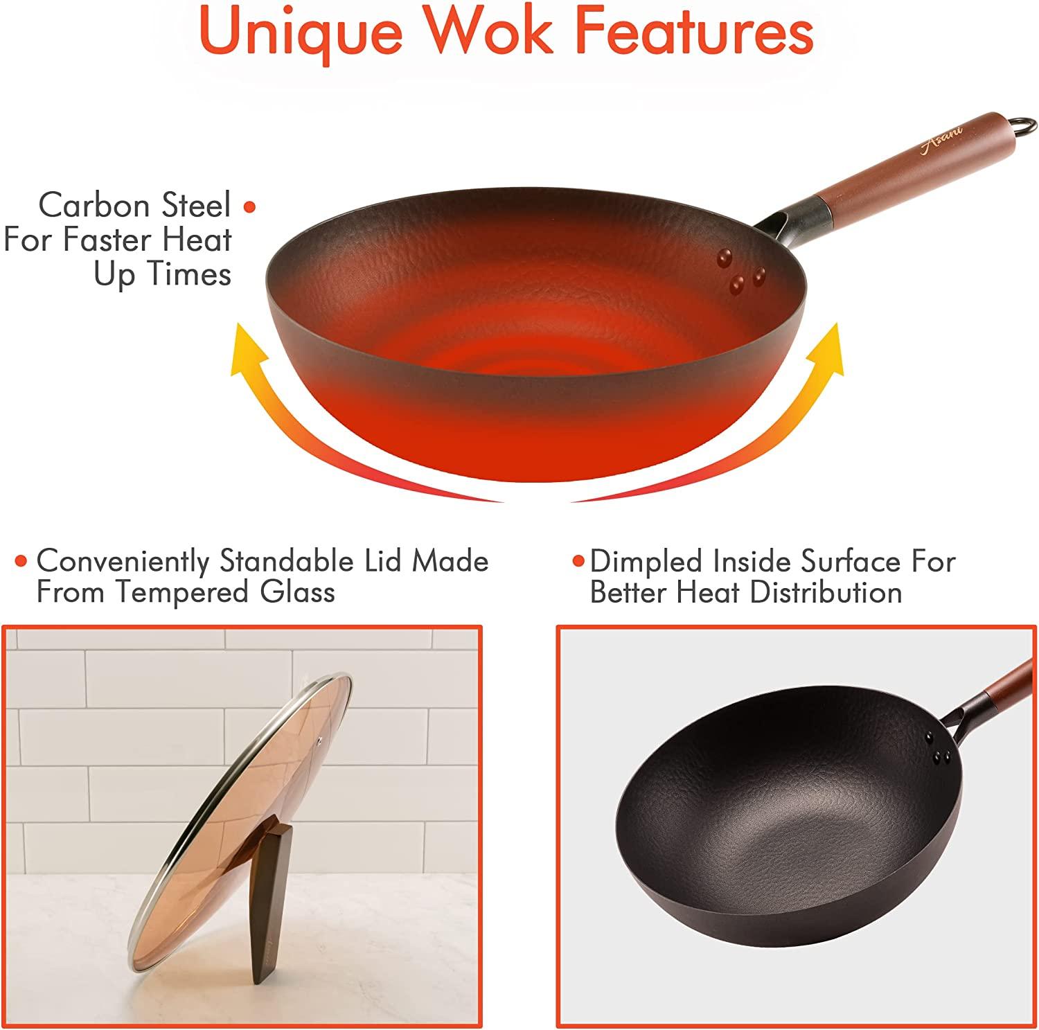 Carbon Steel Wok Pan 32cm Stir Fry Wok Set with Wooden Lid Non