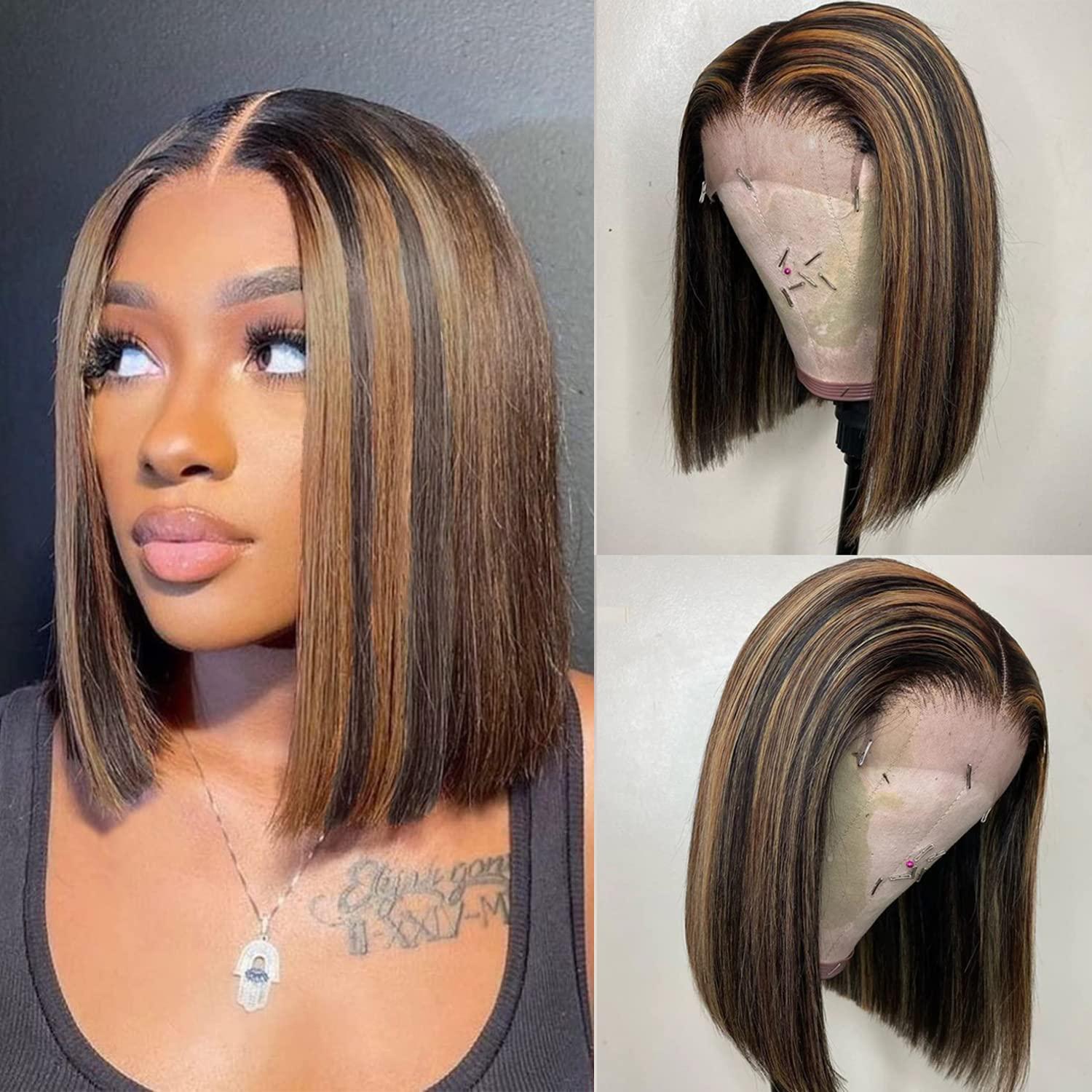 Blunt Cut Bob Lace Front Wigs,Indian Remy Human Hair Silky Straight, Super  Thin Transparent HD Lace [Pre-bleached knots , Pre-plucked hairline