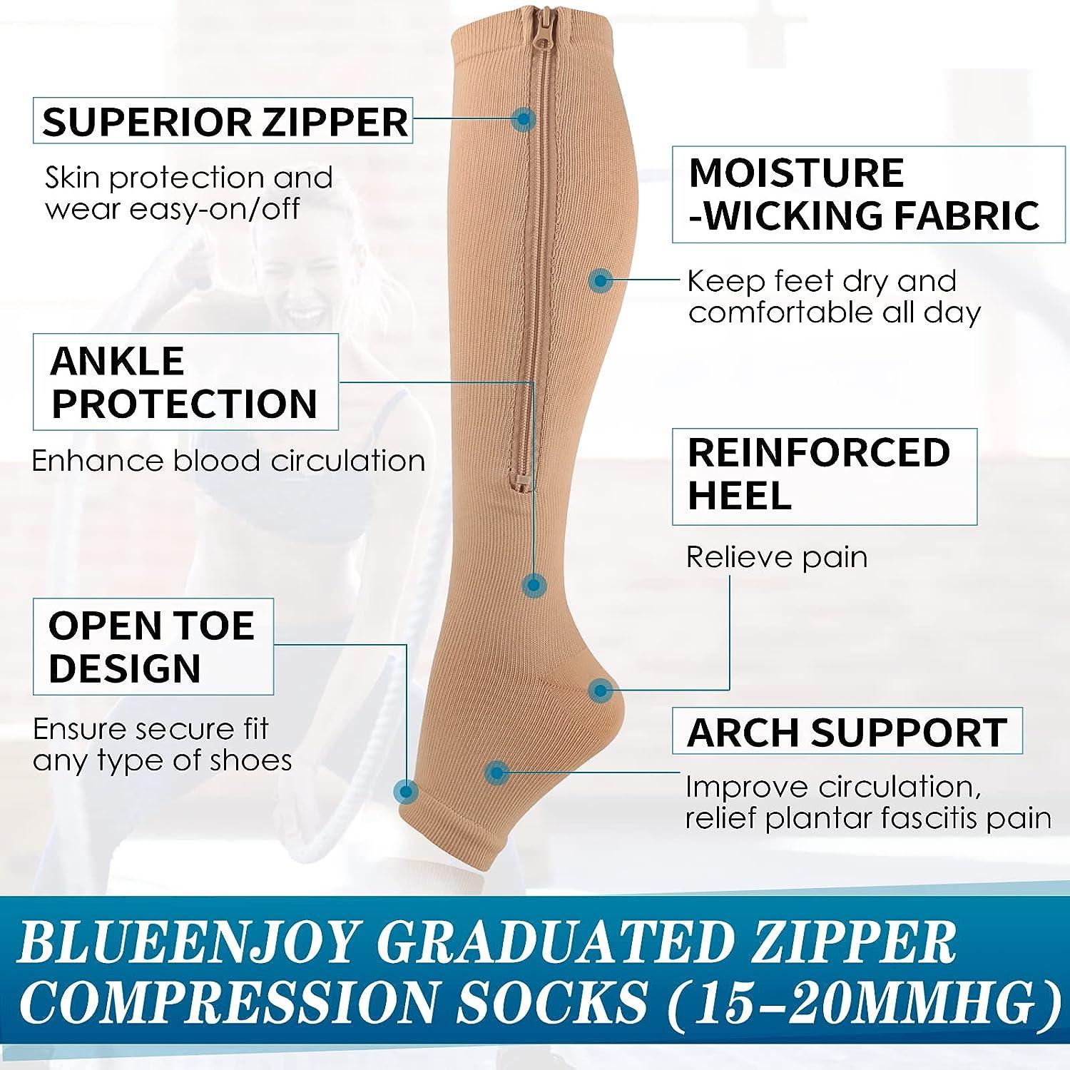 BLUEENJOY Zipper Compression Socks - 2 Pairs 15-20mmHg Open Toe Toeless Compression  Socks for Women and Men 02 Black+Nude Large-X-Large