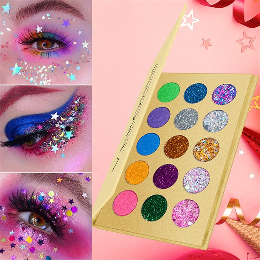 VERONNI Glitter Eyeshadow Palette -15 Colors Chunky & Fine Pressed Matte Shimmer  Glitter Stage Halloween Makeup Pallet High Ultra Pigment Eye Shadow (15  Sequins Eyshadow)