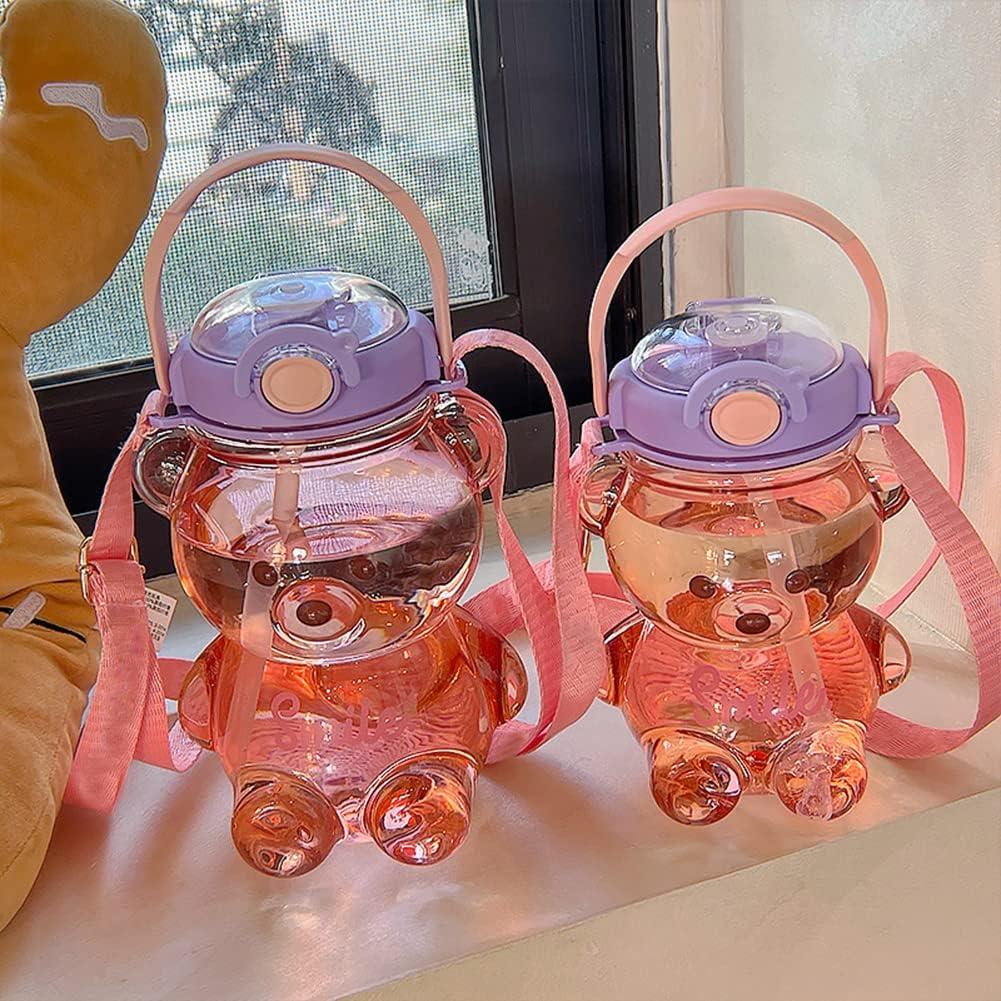 Bear Straw Bottle, Bear Water Bottles with Adjustable Shoulder Strap Cute Stickers,Portable Drinking Cup for Girls Boys School Office Travel, Size