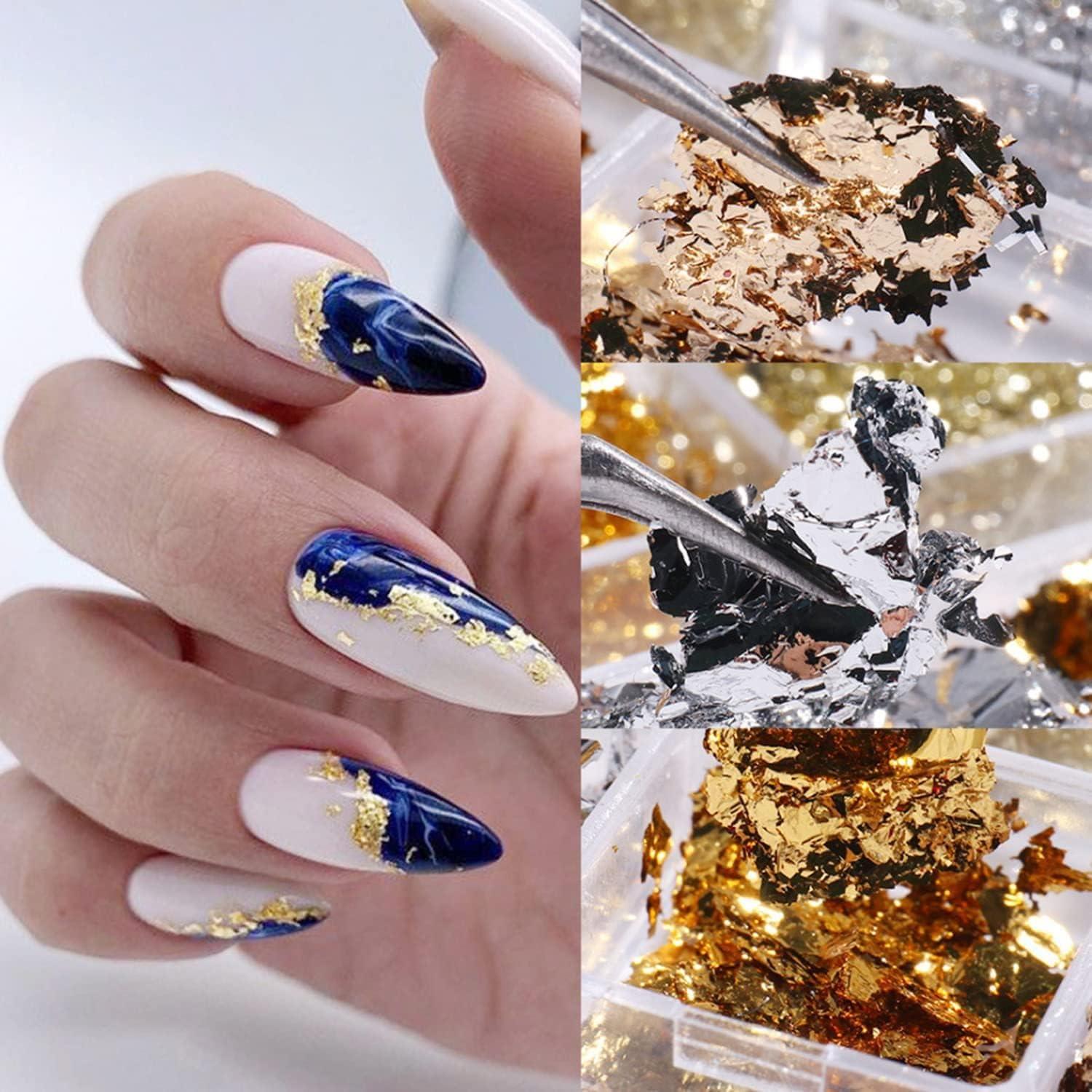 12 Grids Nail Foils Nail Art Foil Flakes, Holographic Glitter Sequins  Mirror Effect Design Confetti Gold Silver Nail Foil Flakes for Women Girls  Gold Silver Glitter Aluminum Flakes DIY Manicure Tips X81