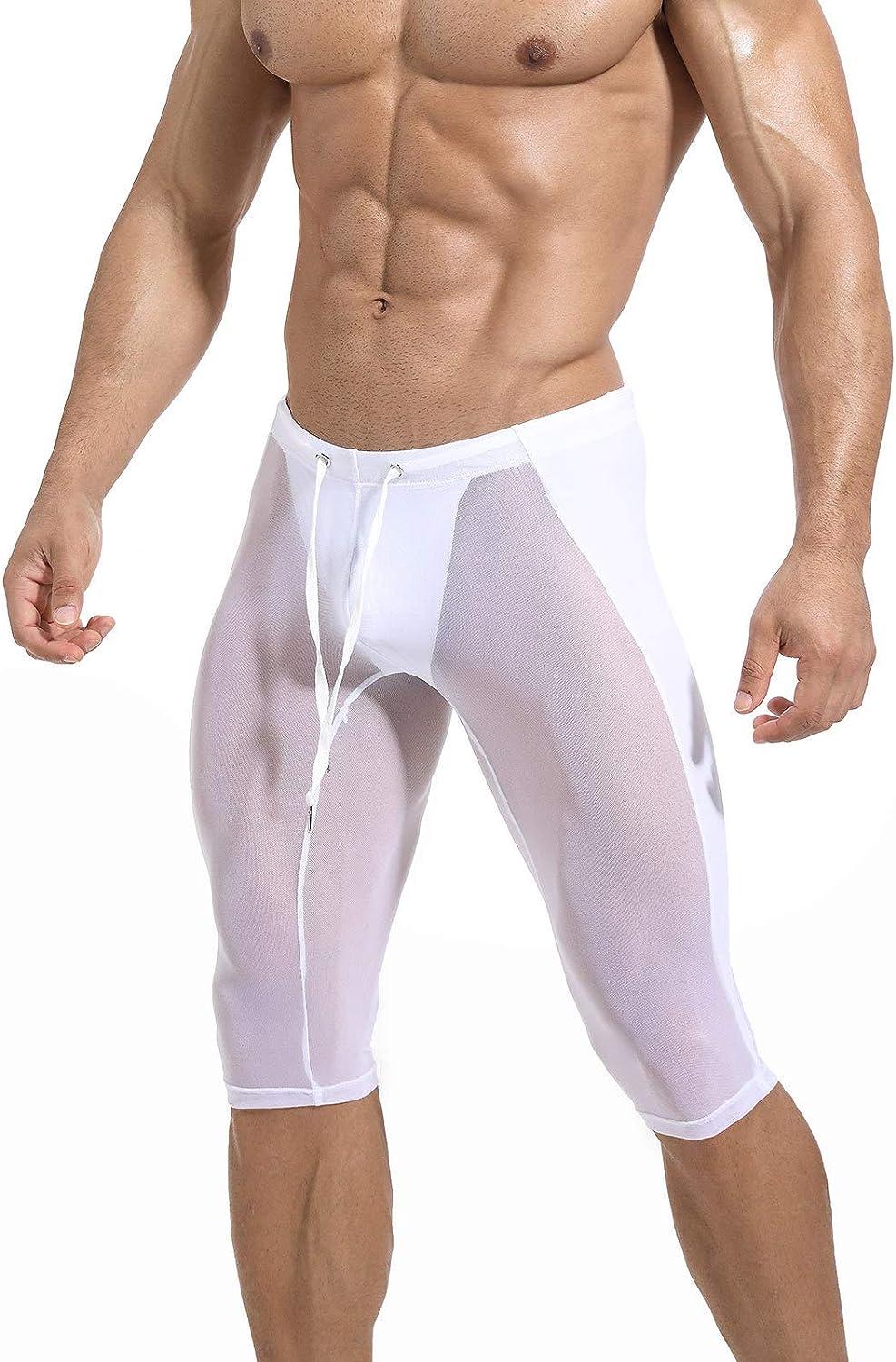 Doomiva Men's Mesh See Through Yoga Pants Compression Leggings Gym Fitness  Workout Drawstring Tights White B