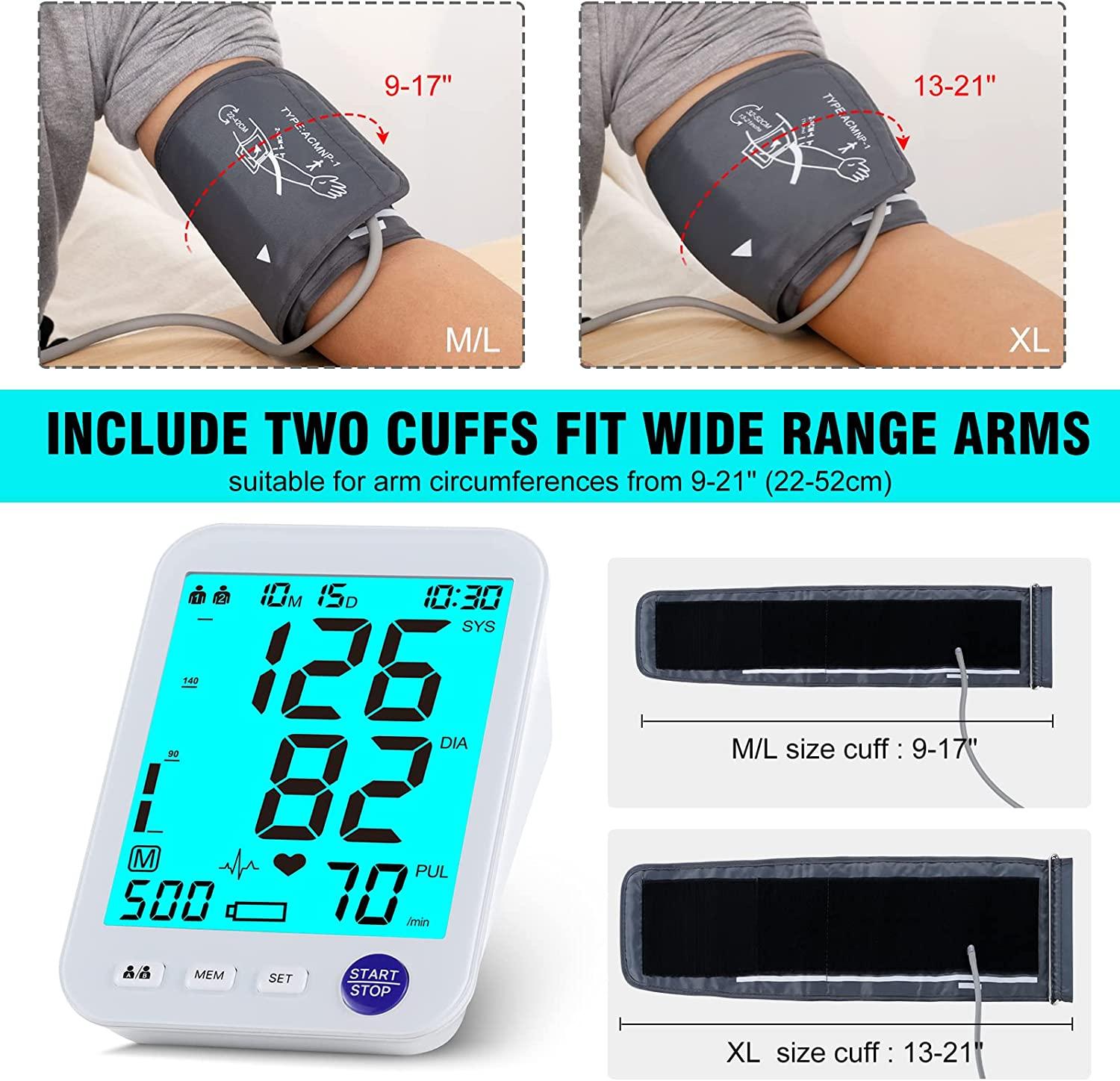 Blood Pressure Machine Upper Arm, 2 Size Cuffs M/L & XL, Medium/Large  9-17 & E